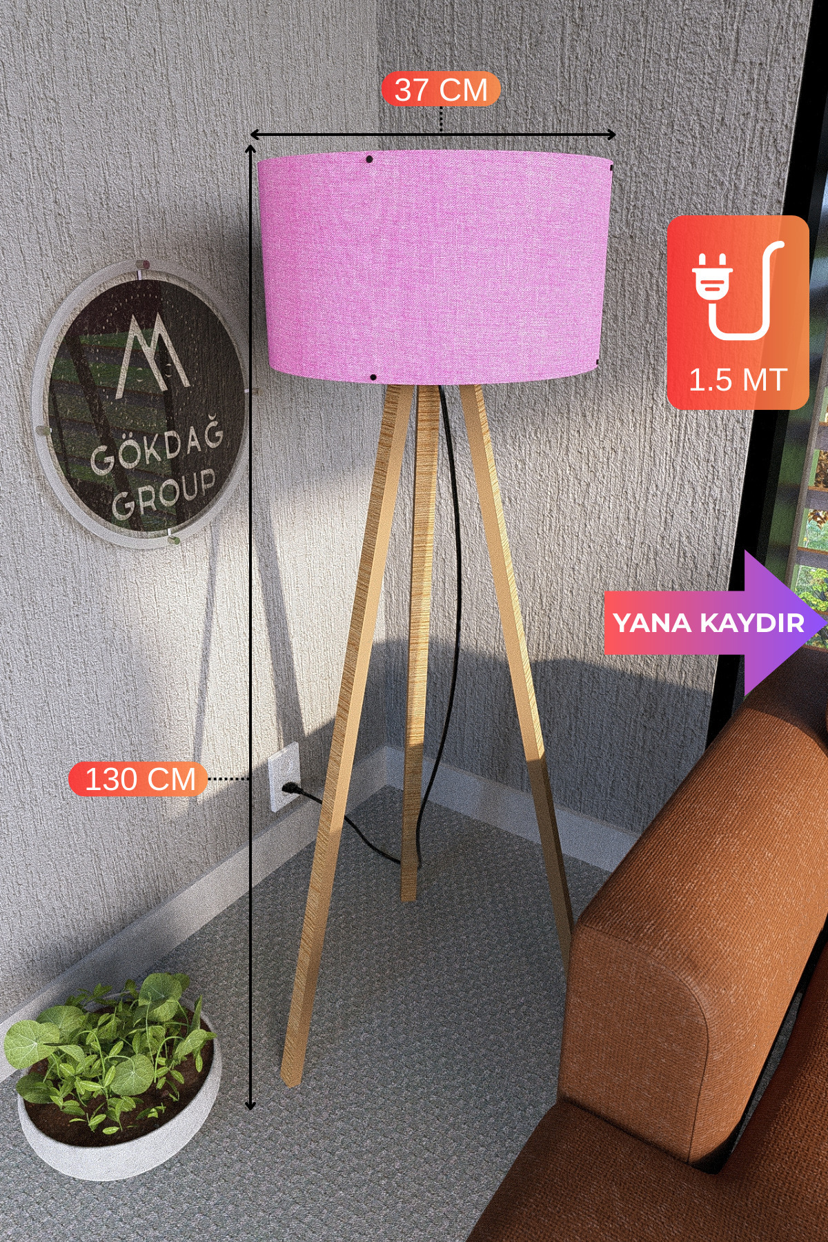 GÖKDAĞ GROUP 3 Ayaklı MEGA BOY Tripod Lambader Abajur Şeker Pembesi Kumaş Başlık