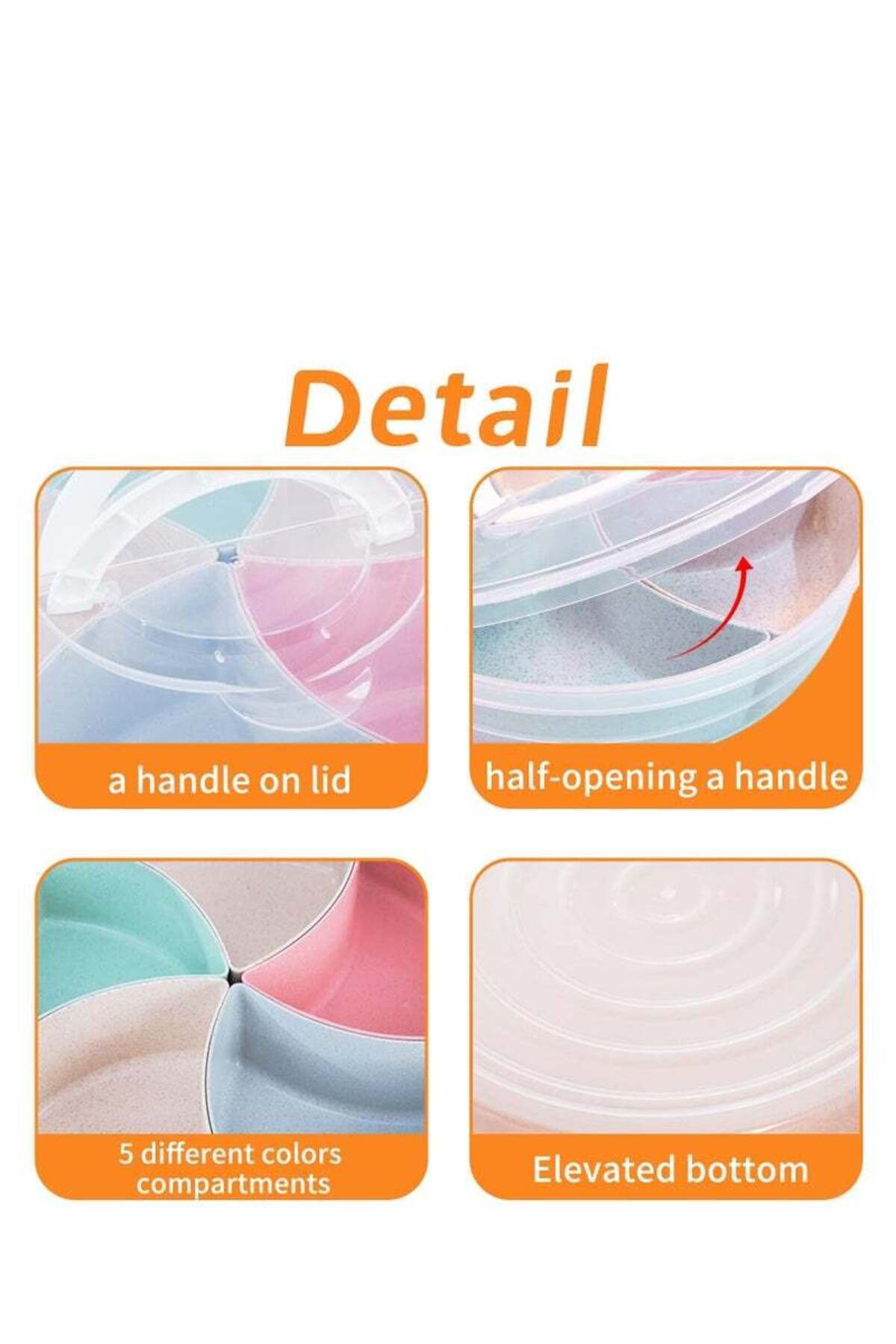 COOYA-31X31X7.5 cm Round Clear Organiser,5 Colourful Divider Boxes,with Lid and Handle,Half-Open Lid 3