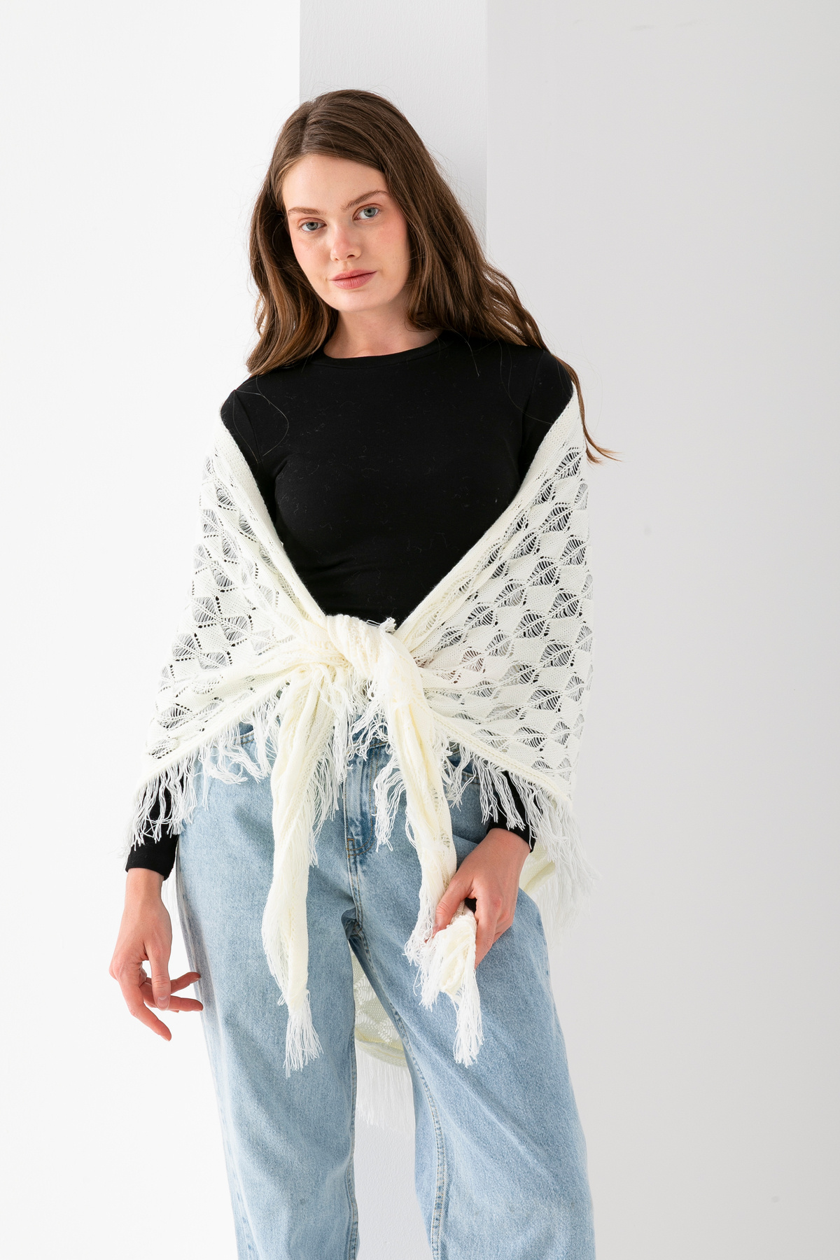 T Crazy-T-Crazy Openwork Patterned Triangle Shoulder Shawl, Stylish and Practical Knitwear Knitted Accessory with Tassels, Triangle Knitwear Shawl 5