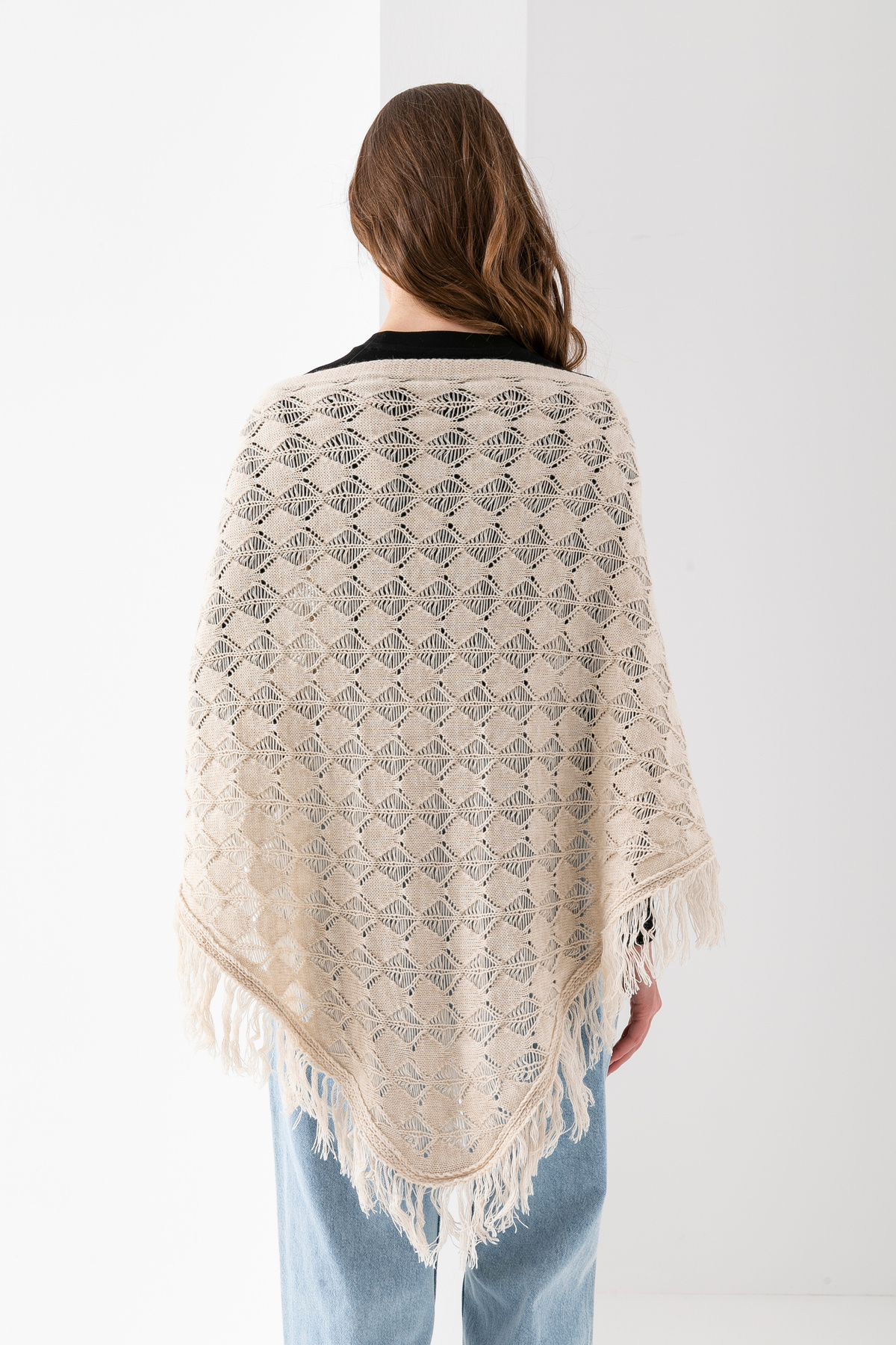 T Crazy-T-Crazy Openwork Patterned Triangle Shoulder Shawl, Stylish and Practical Knitwear Knitted Accessory with Tassels, Triangle Knitwear Shawl 6