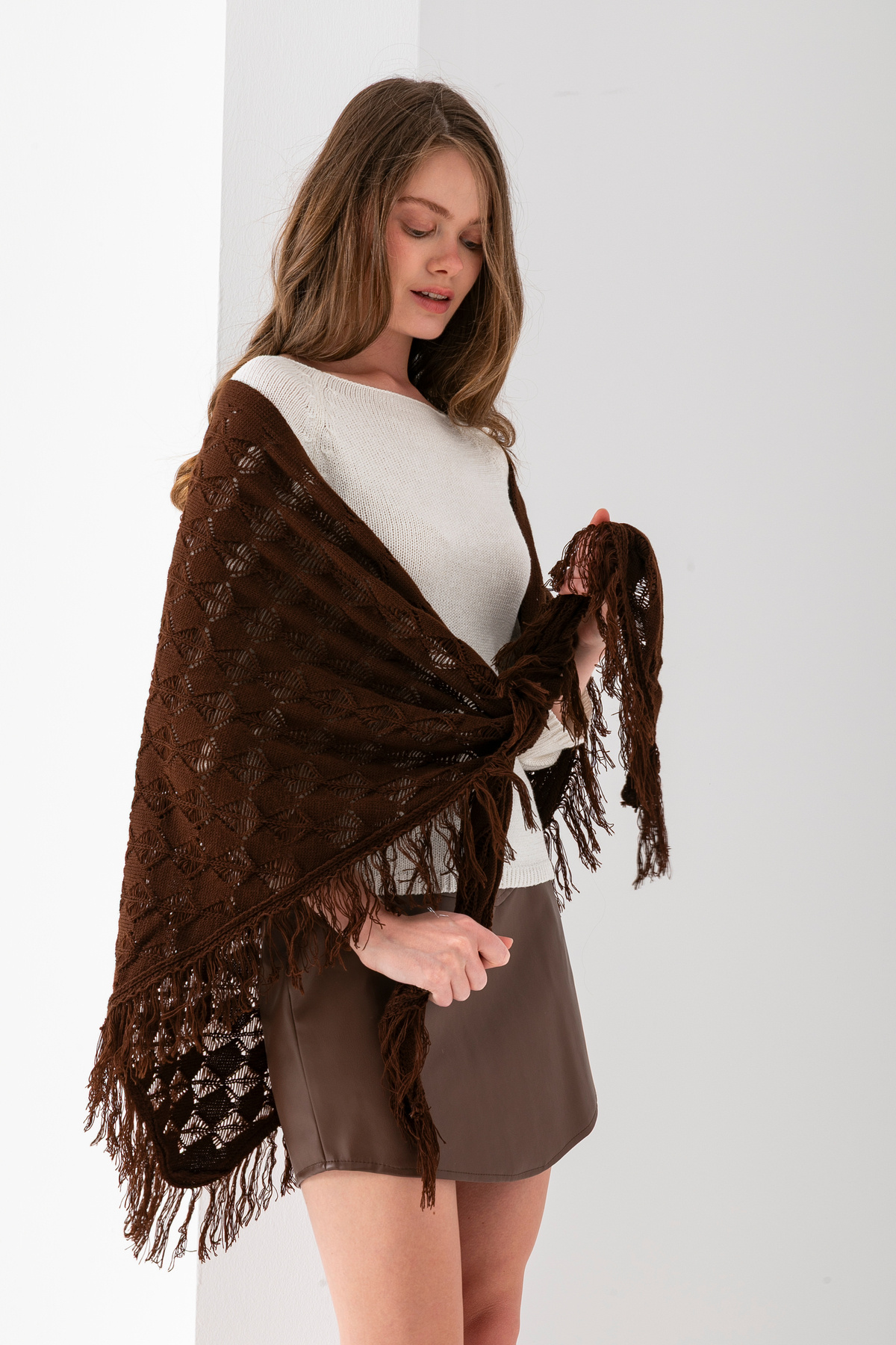 T Crazy-T-Crazy Openwork Patterned Triangle Shoulder Shawl, Stylish and Practical Knitwear Knitted Accessory with Tassels, Triangle Knitwear Shawl 6