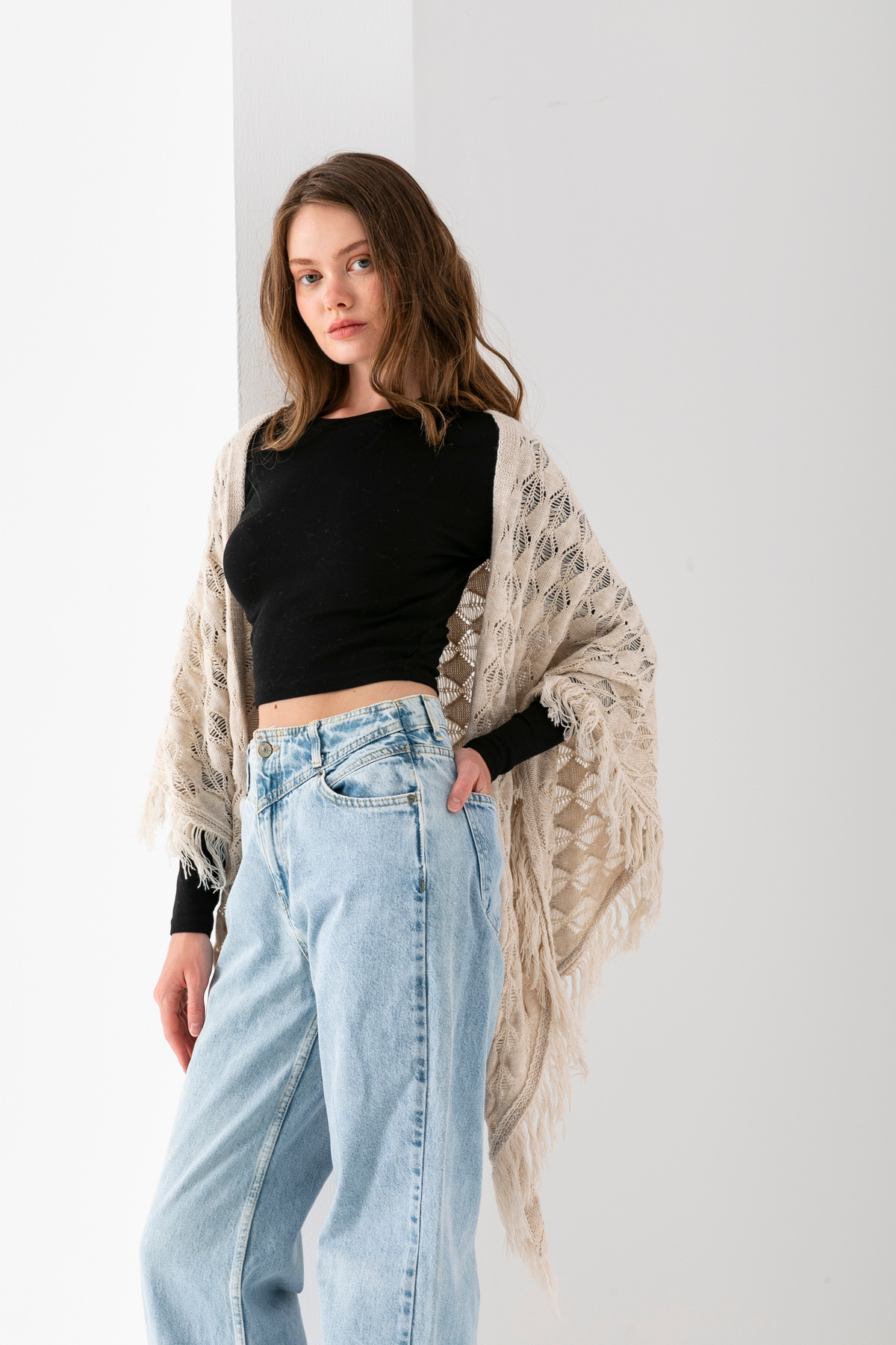 T Crazy-T-Crazy Openwork Patterned Triangle Shoulder Shawl, Stylish and Practical Knitwear Knitted Accessory with Tassels, Triangle Knitwear Shawl 4