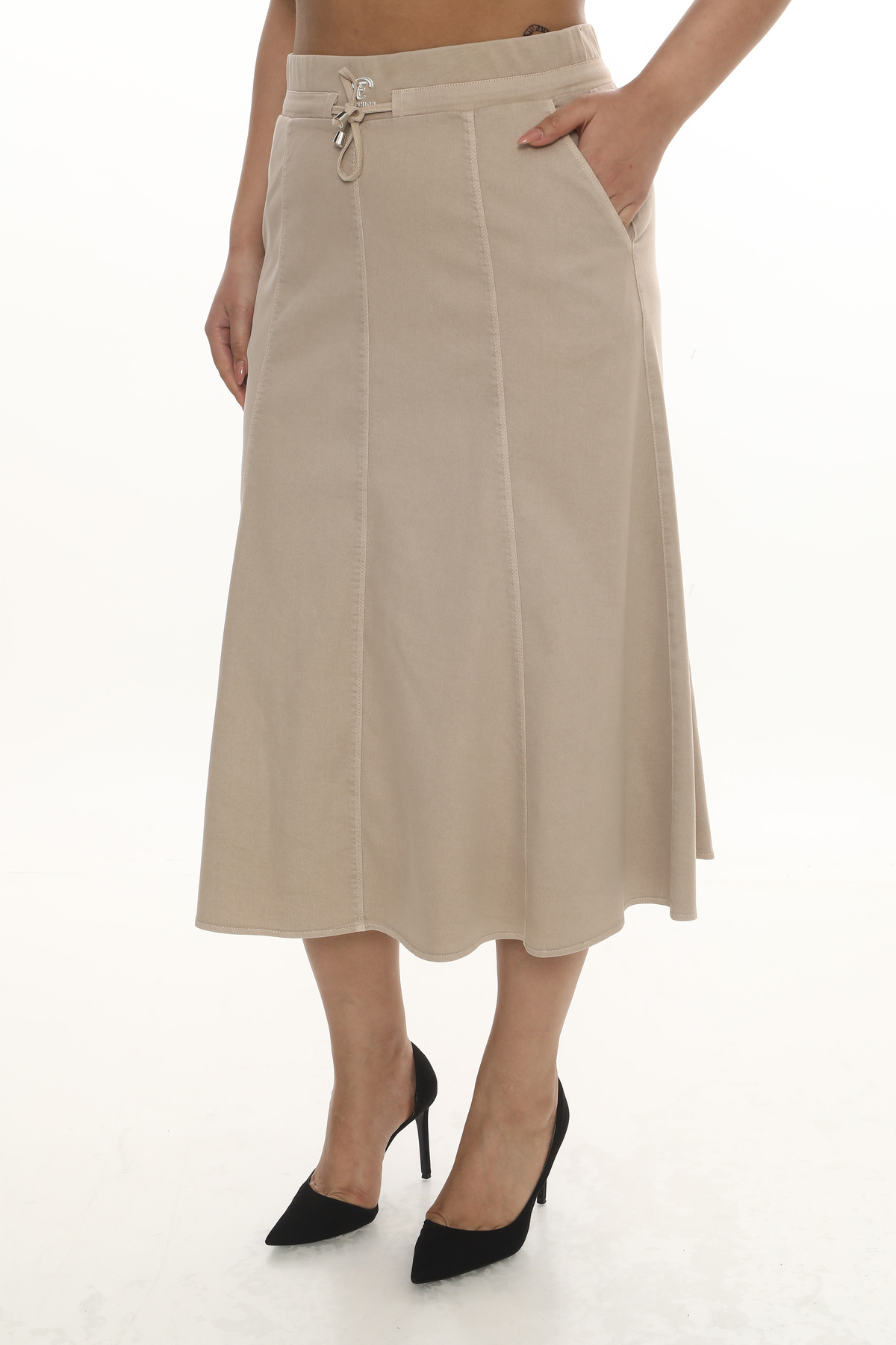 EXİTLİNE-Women's Summer Latte Color Drawstring Elastic Waist Long Skirt 4
