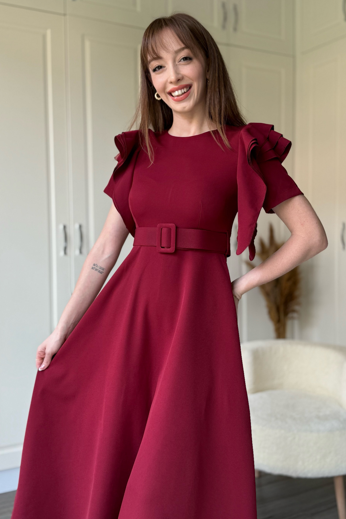 Ruffle Detailed Belted Midi Flared Claret Red Dress