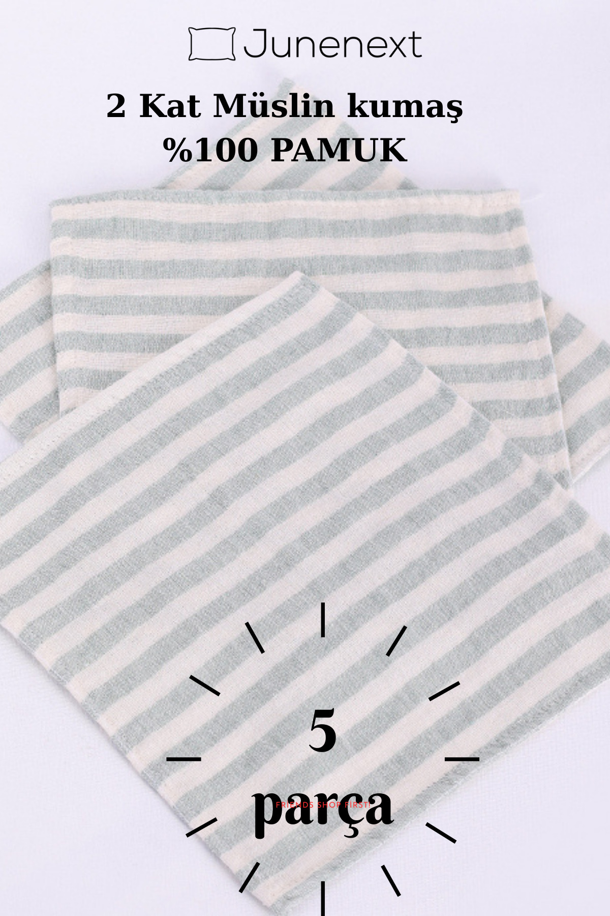jn junenext 5 Adet Çizgili Muslin Bebek Ağız Mendili %100 Pamuk Çift Kat Müslin