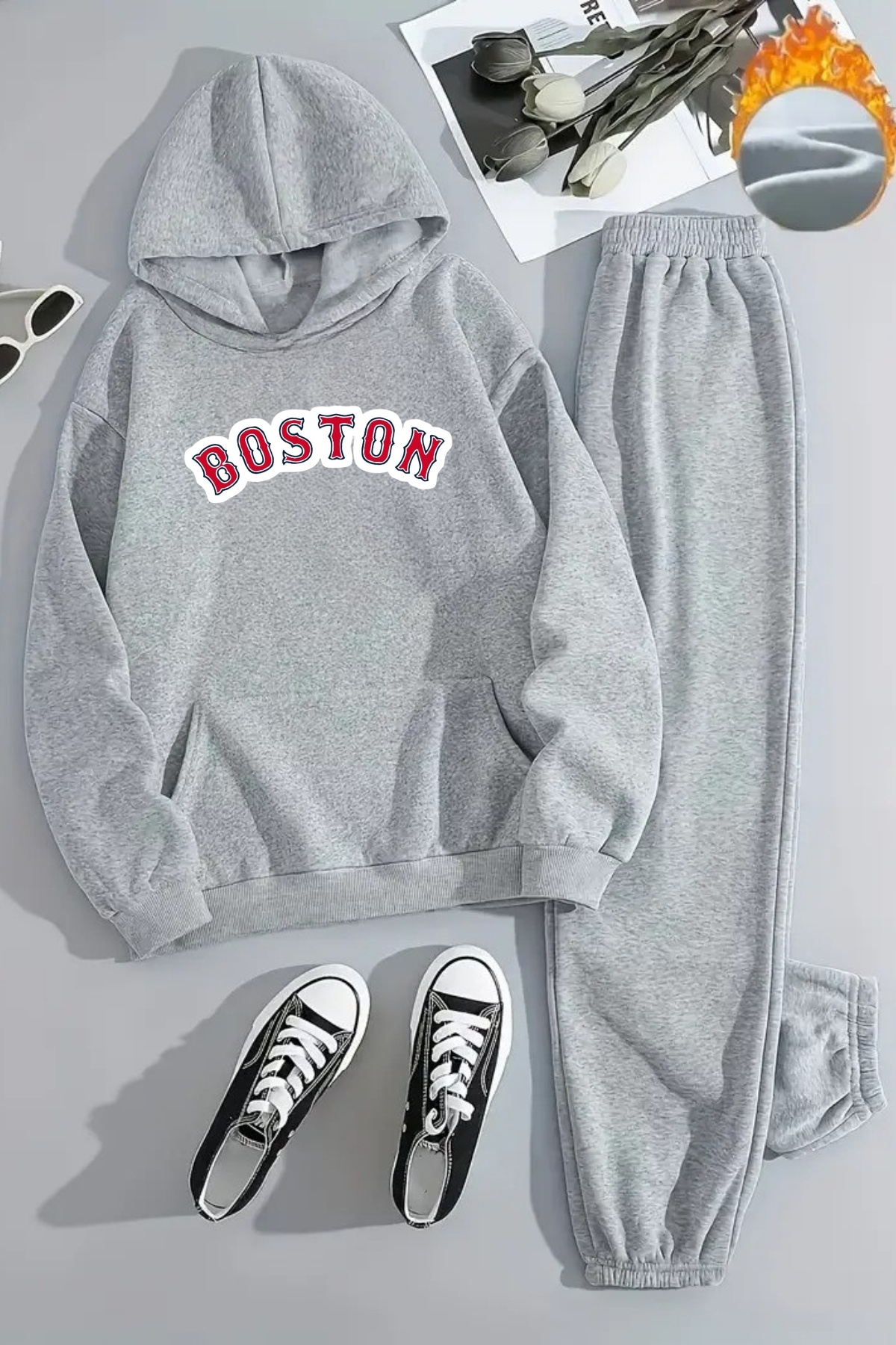 DUBU BUTİK Unisex KIRMIZI BOSTON Baskılı Kapüşonlu Gri Eşofman Takımı - Kışlık Şardonlu Kumaş