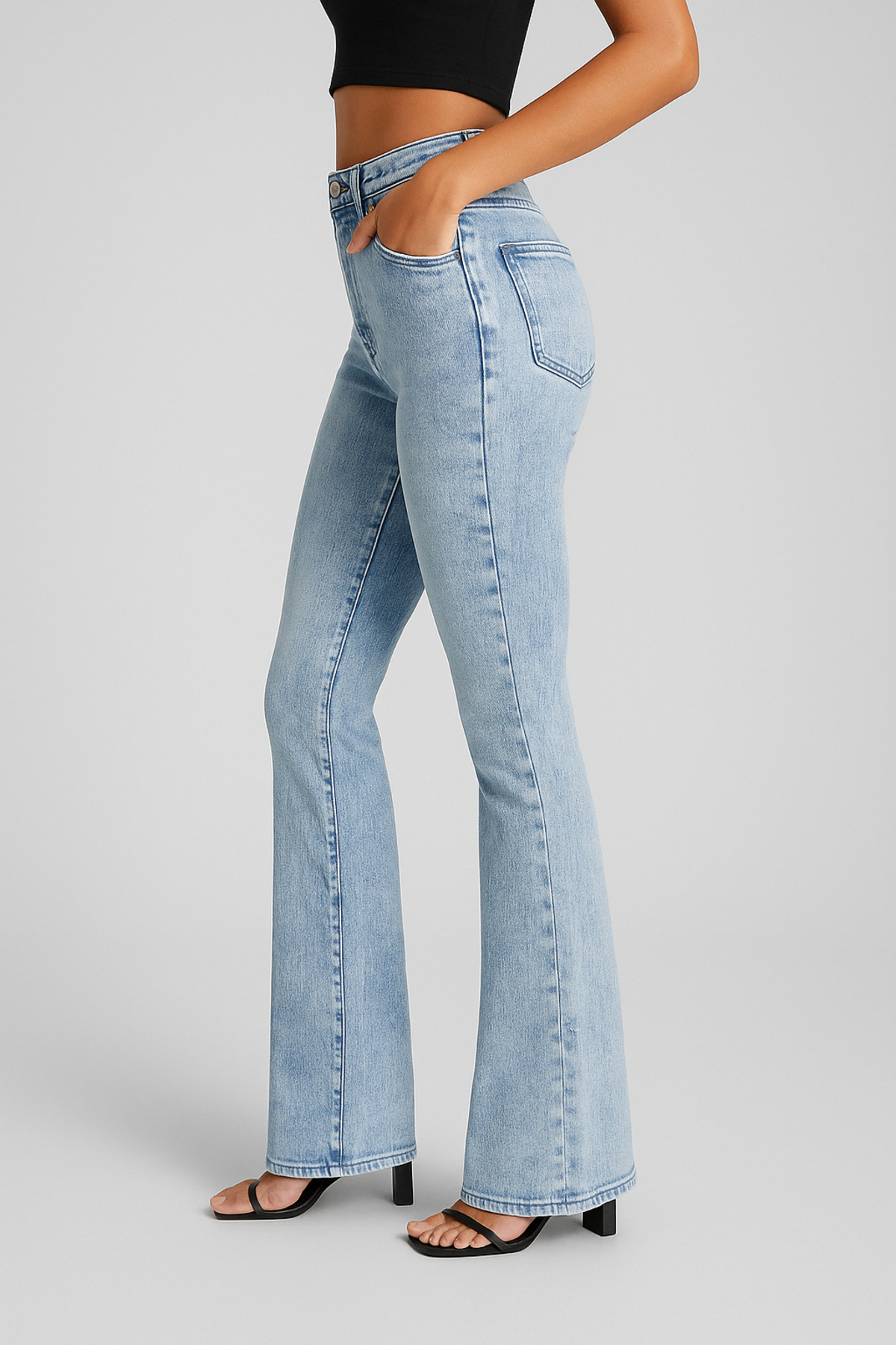 DELDNM  Isabelle Kadın Yüksek Bel Kar Mavi Yıkama Likralı İspanyol Paça Flare Jeans Pantolon Comfort Uzun - Görsel 4