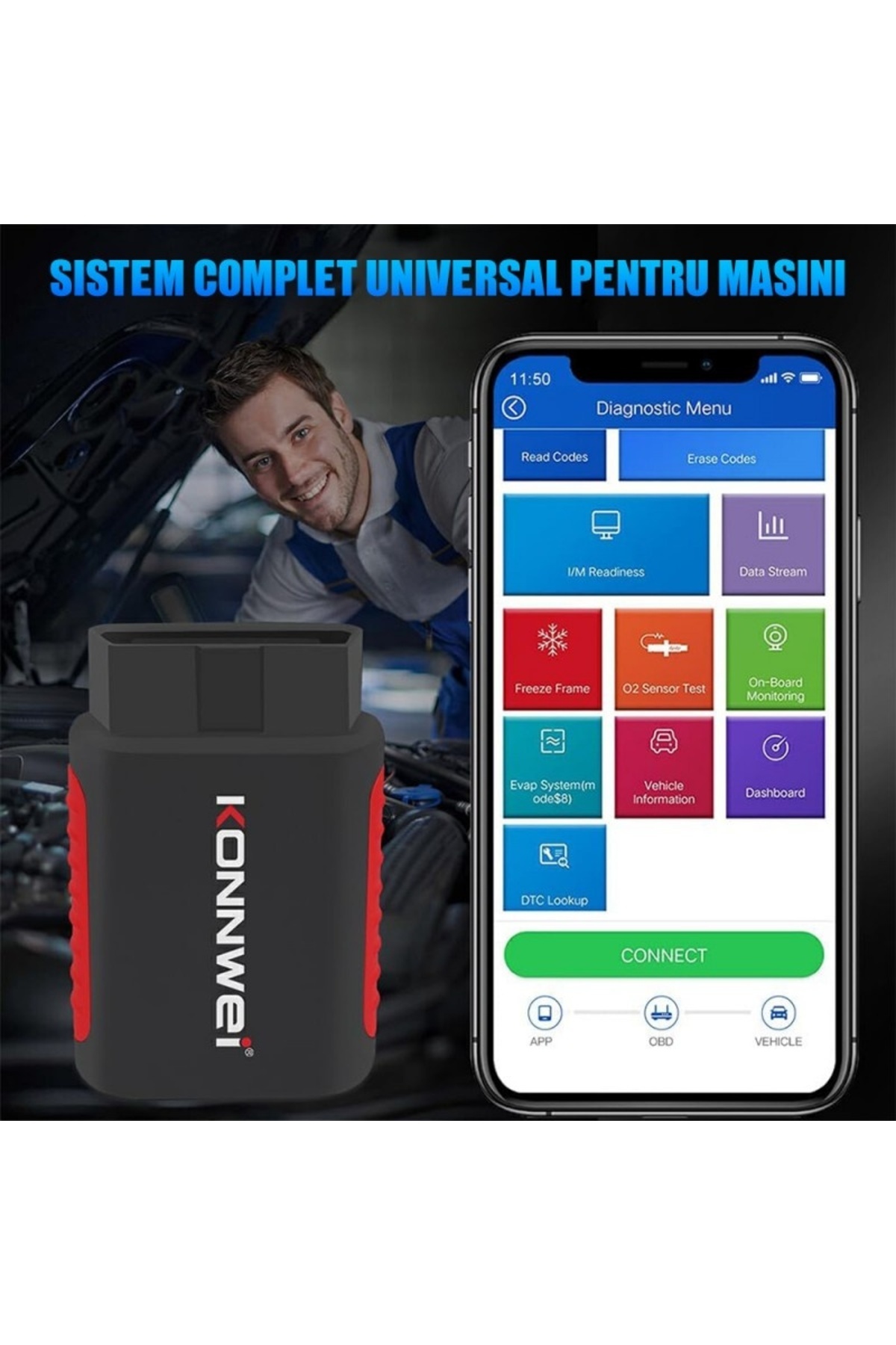 KONNWEİ-Car Diagnostic and Scan Tool, Kdiag, OBD2, Bluetooth 5.0, 9 - 18 V, Compatible with Android 10