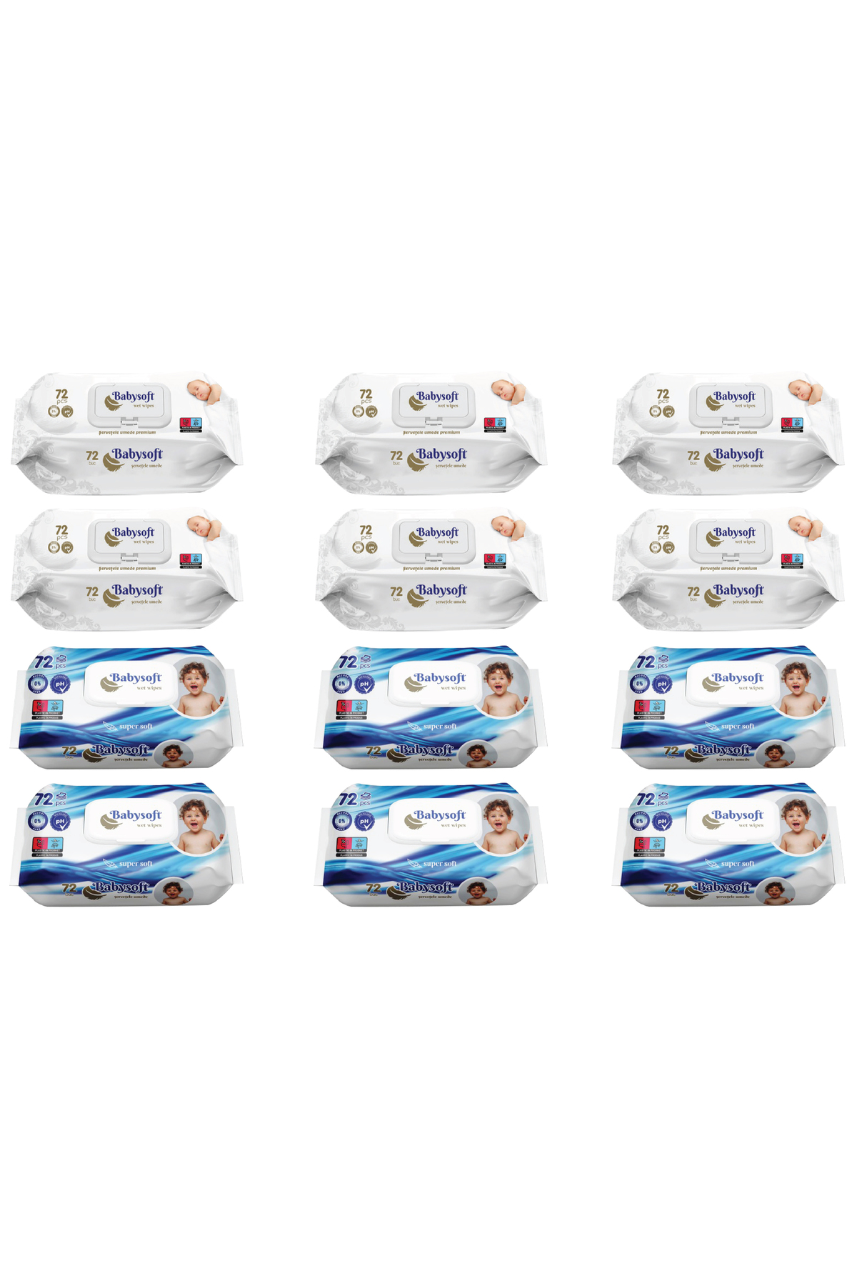 Babysoft Бебешки мокри кърпички – 6 Premium + 6 SuperSoft – 72 бр. – Комплект...