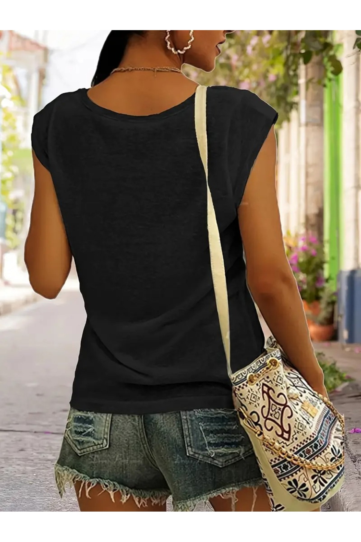 mercoledi  Kadın 2 Renk V Yaka Kolsuz Oversize Salas Boyfriend T-shirt Set - Görsel 4