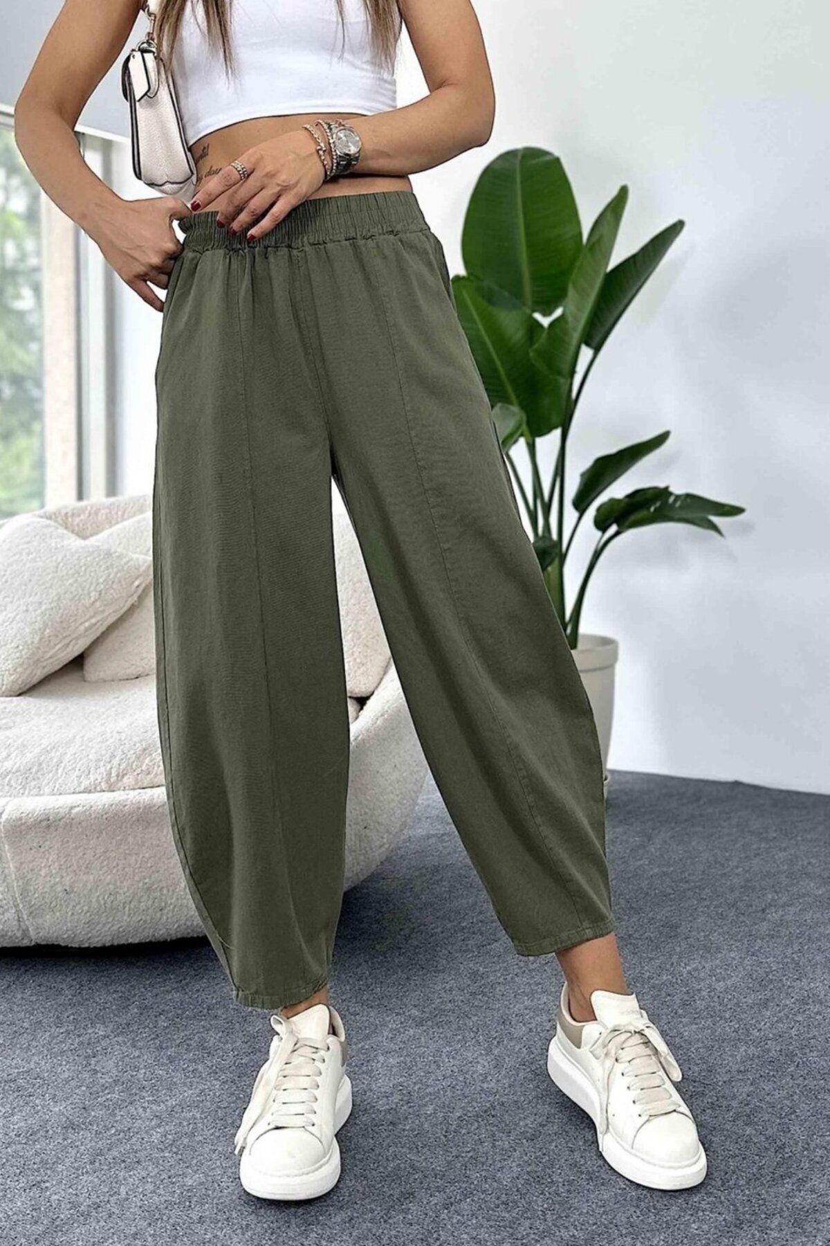 lady special-Gabardine Trousers with Front Stripe and Elastic Waist 4
