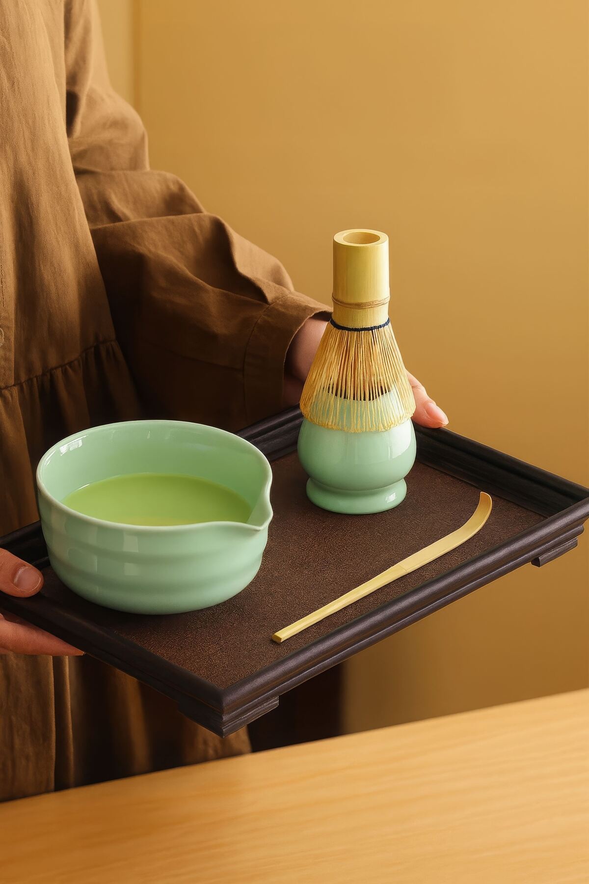 Chavin 4lü Matcha Set Kase Kaşık Whisk Tutucu Bambu Whisk Çırpıcı ve Bambu Kaşık mt217