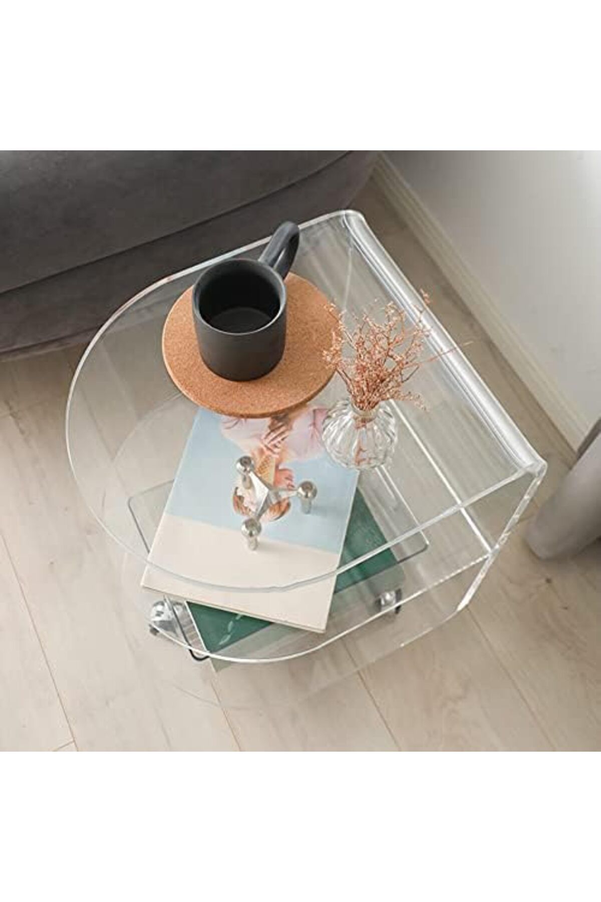 Slasa-Rotating Acrylic Side Table with Wheels from - Transparent Two-Layer Snack Storage Cart for So 4