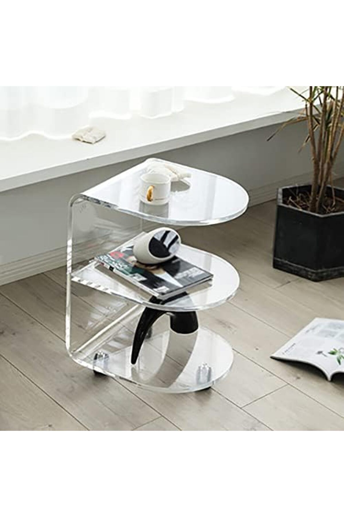 Slasa-Rotating Acrylic Side Table with Wheels from - Transparent Two-Layer Snack Storage Cart for So 6