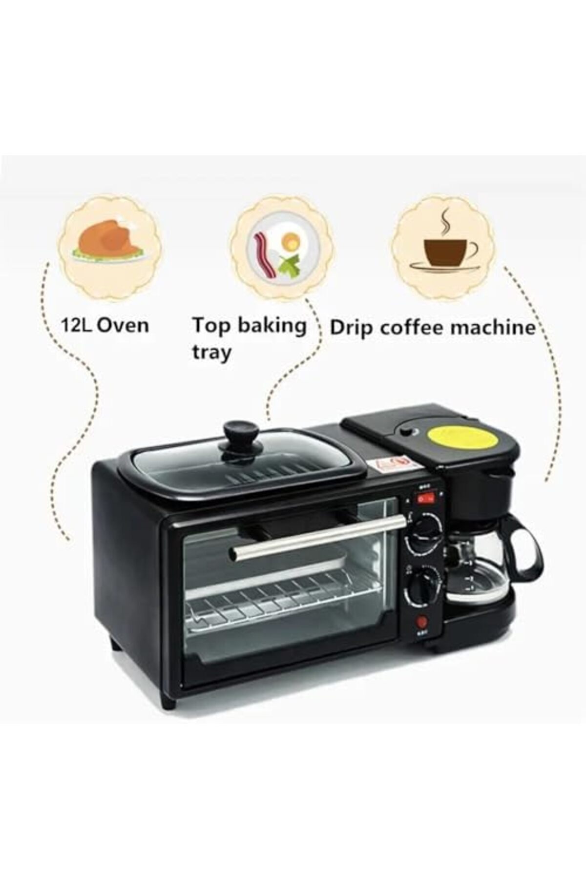Generic-MIRHA 3-in-1 Multifunctional Breakfast Maker: 1250W with Drip Coffee Machine, Oven, and Top Tray for 4