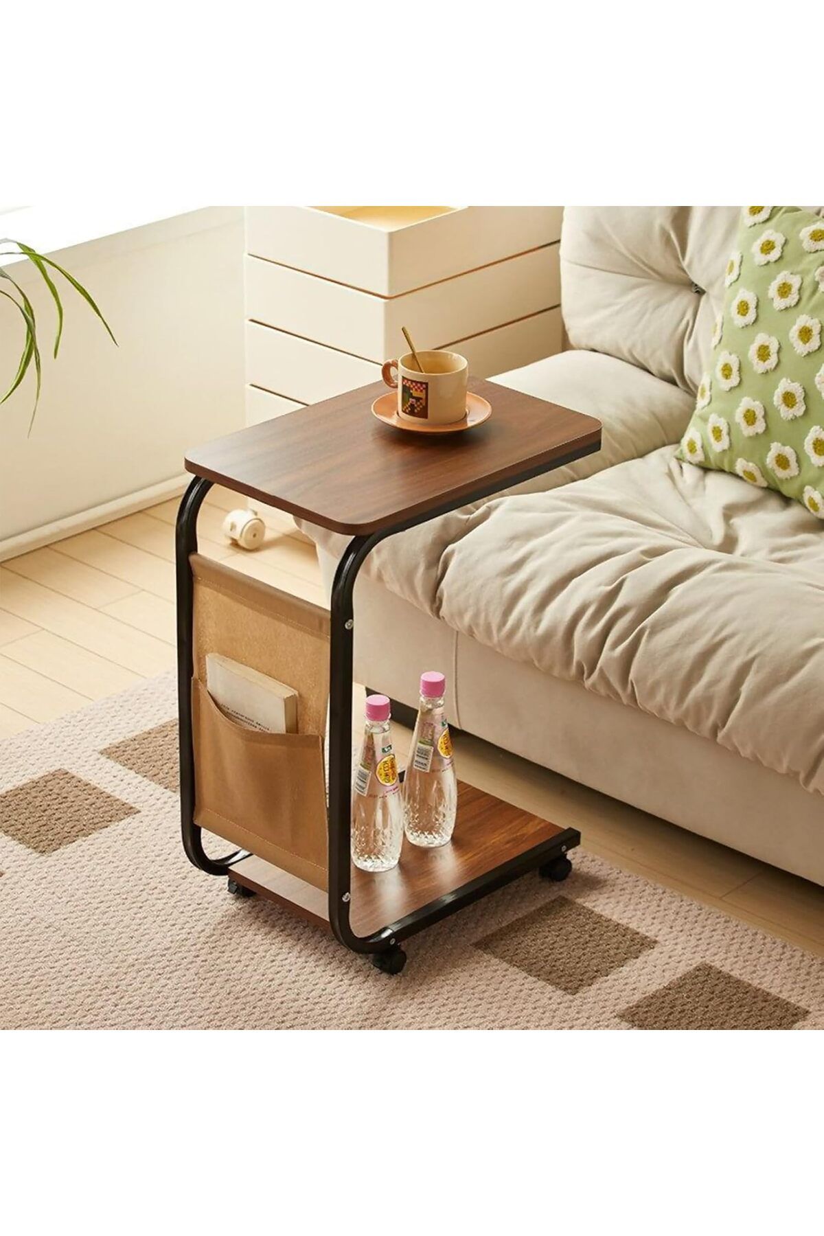 Türkiye-C Shaped End Table,Movable Side Table Coffee Table Sofa Table with Wheels and Storage Bag for Small 1