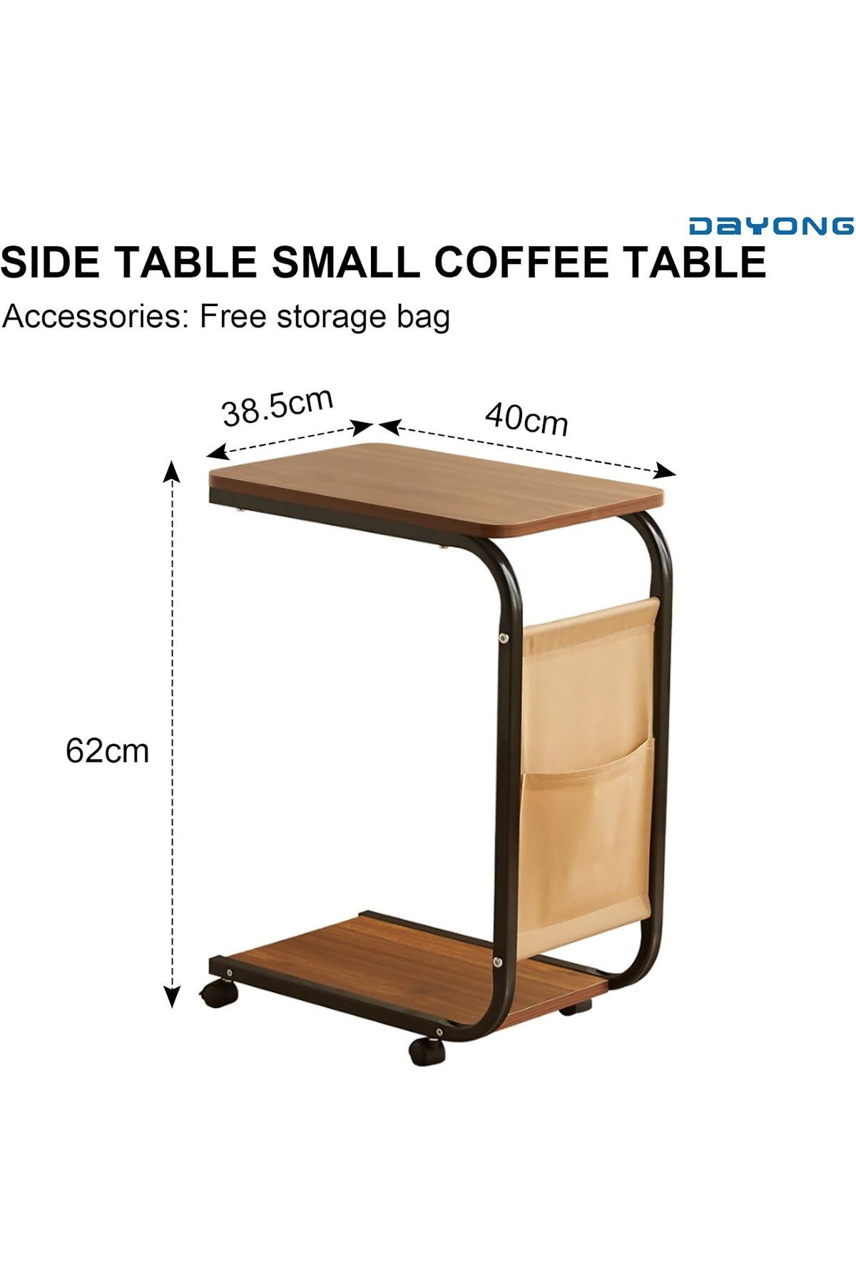 Türkiye-C Shaped End Table,Movable Side Table Coffee Table Sofa Table with Wheels and Storage Bag for Small 3