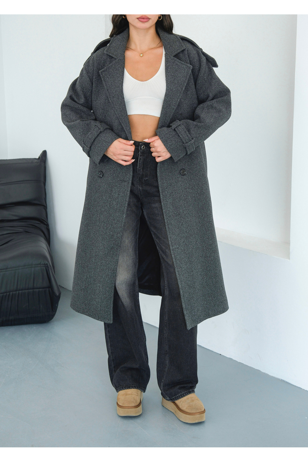 Le Savu  SHILSEE KADIN ANTRASİT KRUVAZE YAKA KUŞAKLI APOLETLİ CEPLİ KAŞE KABAN - Görsel 9