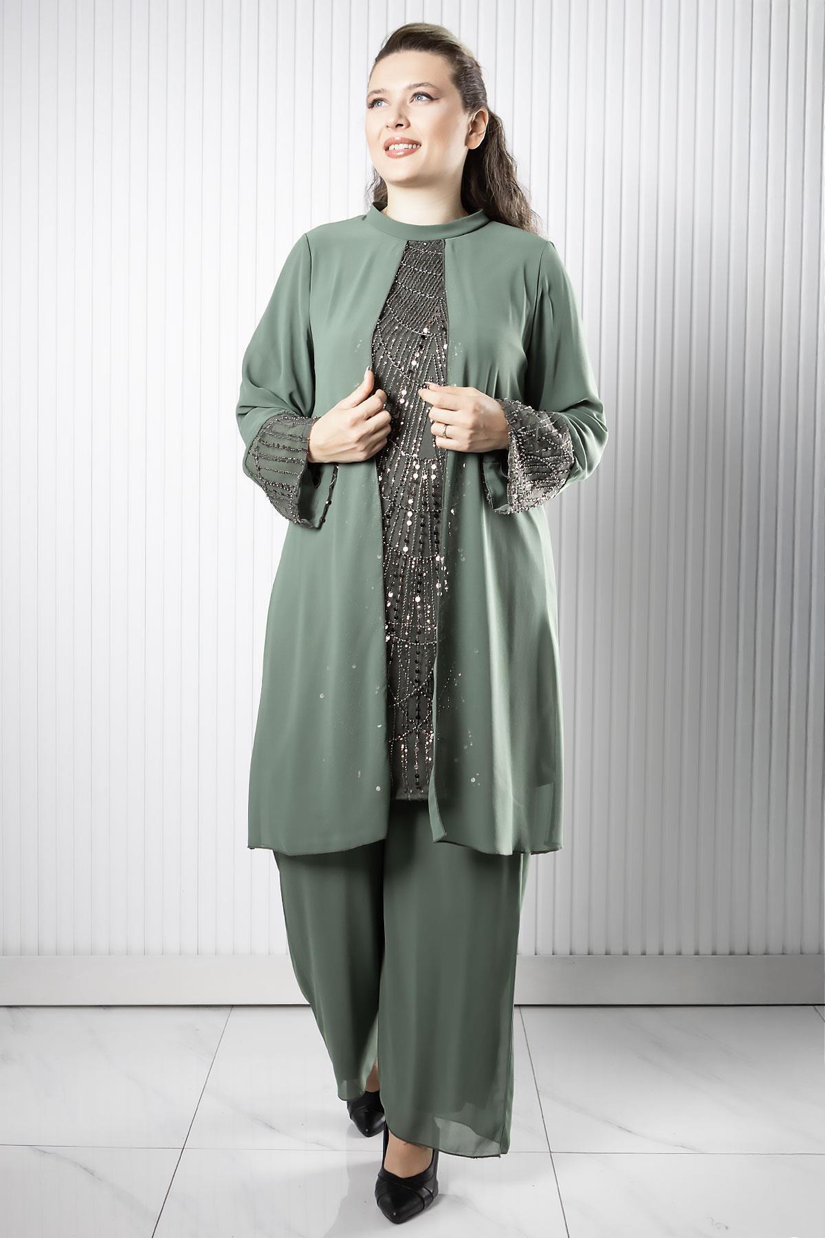 SUBU TASARIM Şifon Sandy Taş İşlemeli Büyük Beden Tesettür Abiye Bluz Pantolon Takım TBS962