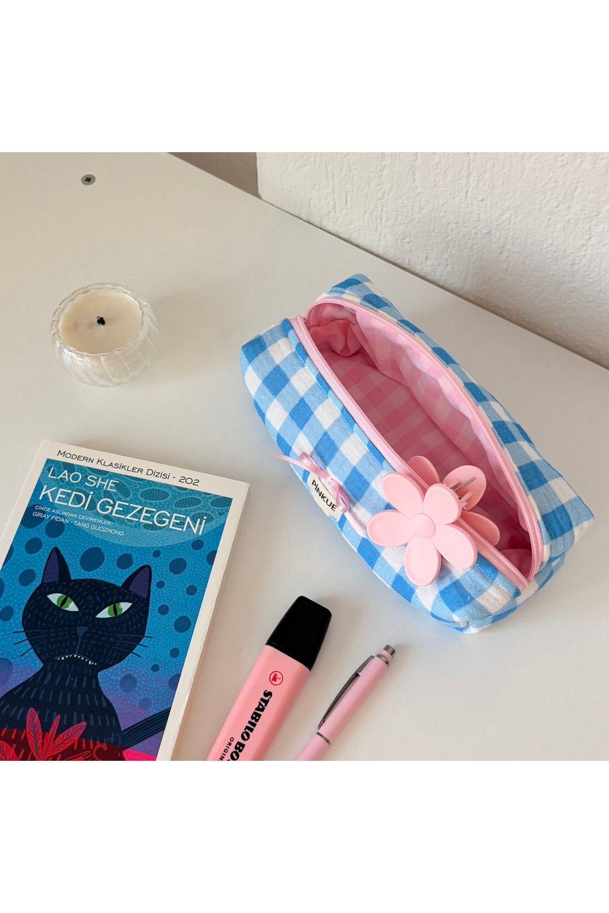 PİNKUE Mavi Ekose Fiyonklu Kumaş Kalemlik