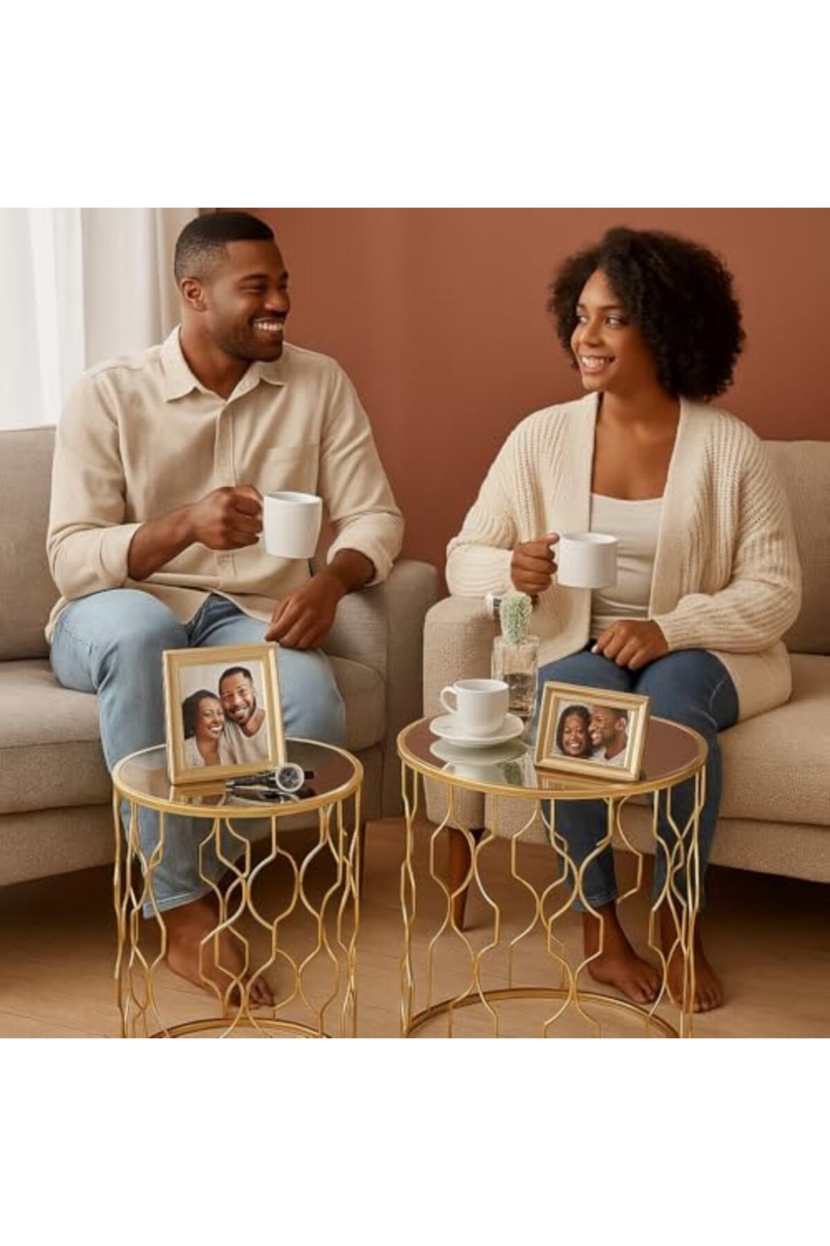 genric-FFD Reflective Nested Side Tables (Set of 2) - Golden Metal Frame Coffee Tables 5