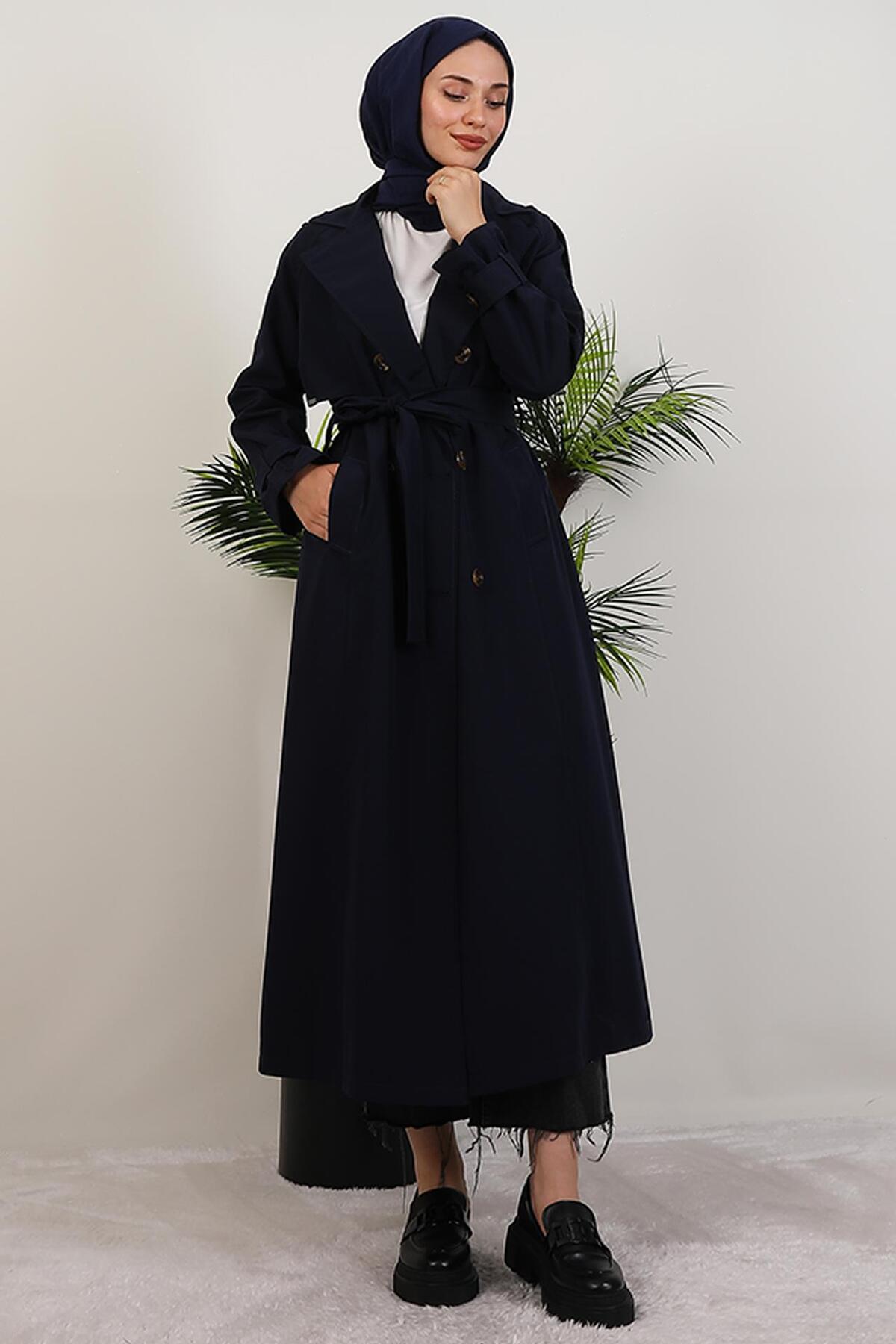 GİYZAMİLA Pamira Trench Coat Navy Blue- Trendyol