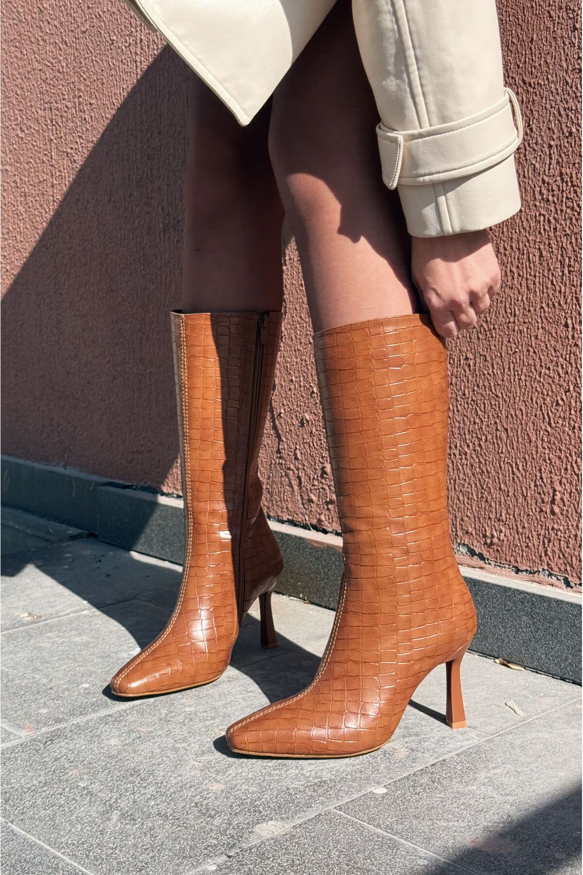 I Love Shoes Jorani Mat Deri Desenli Taba Yüksek Topuklu Çizme