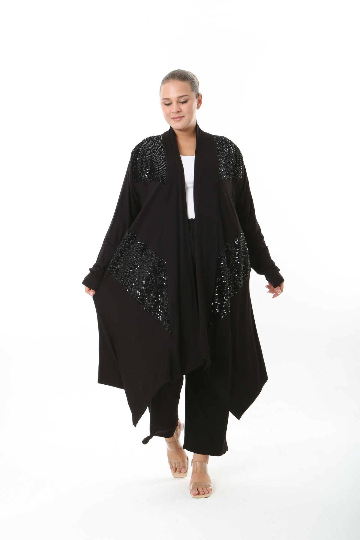 XL Modam KADIN LİKRALI VİSKON SİYAH PUL DETAYLI BÜYÜK BEDEN HIRKA