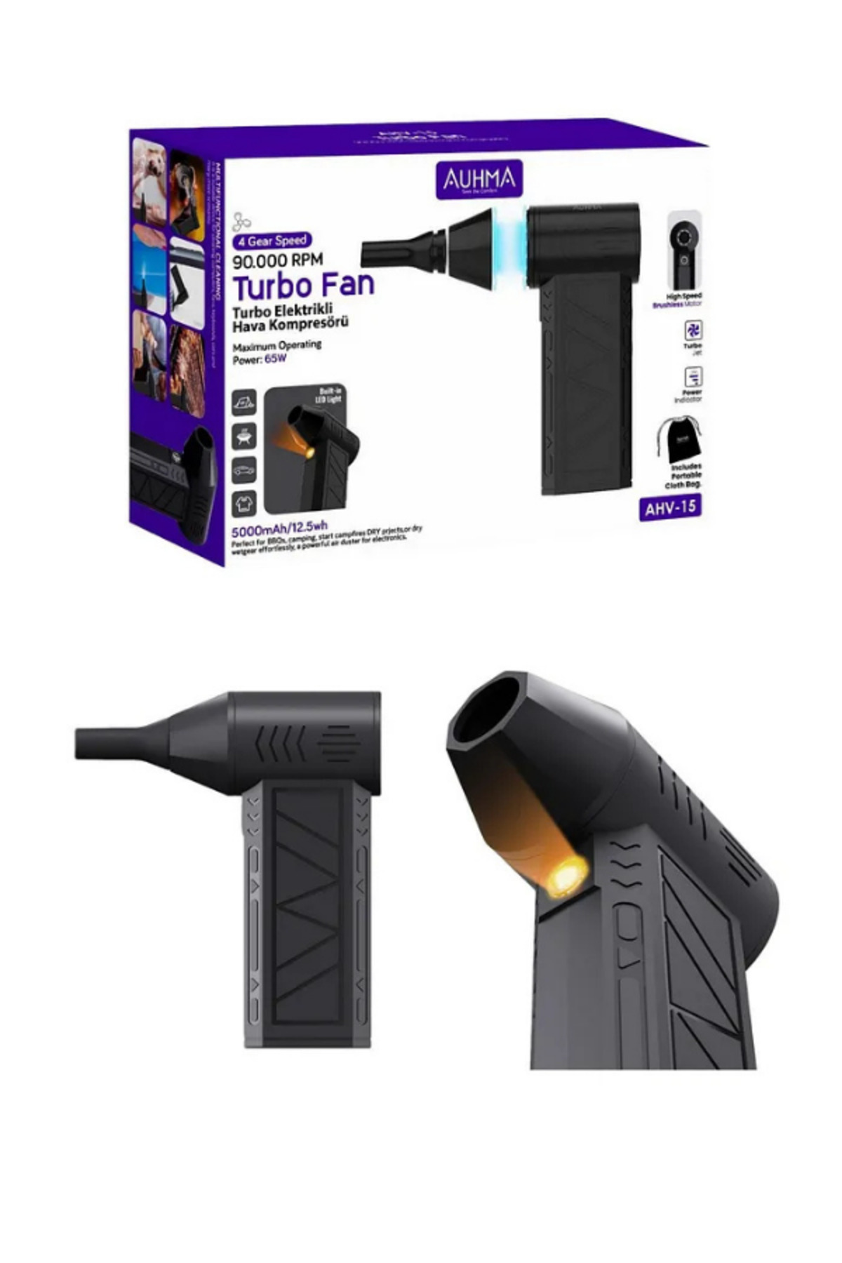 Genel Markalar Turbo Jet Fan 90.000Rpm Çantalı 65W Motorlu Elektrikli Hava Kompresörü – 4 Kademeli Araç Süpürgesi