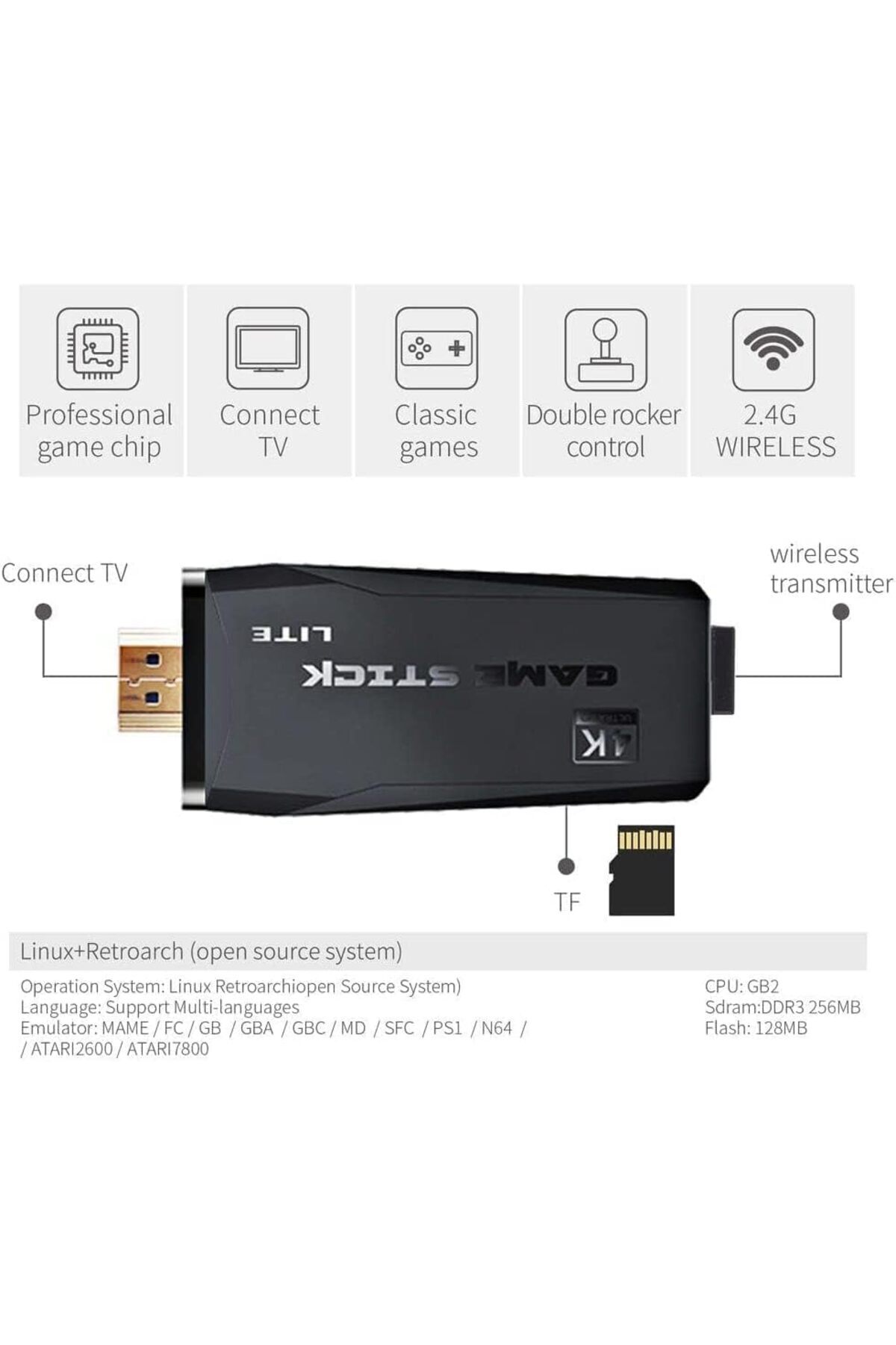 Generic-Classic M8 Game Stick 4K Game Console with Two 2.4G Wireless Gamepads Dual Players HDMI Output Built 3