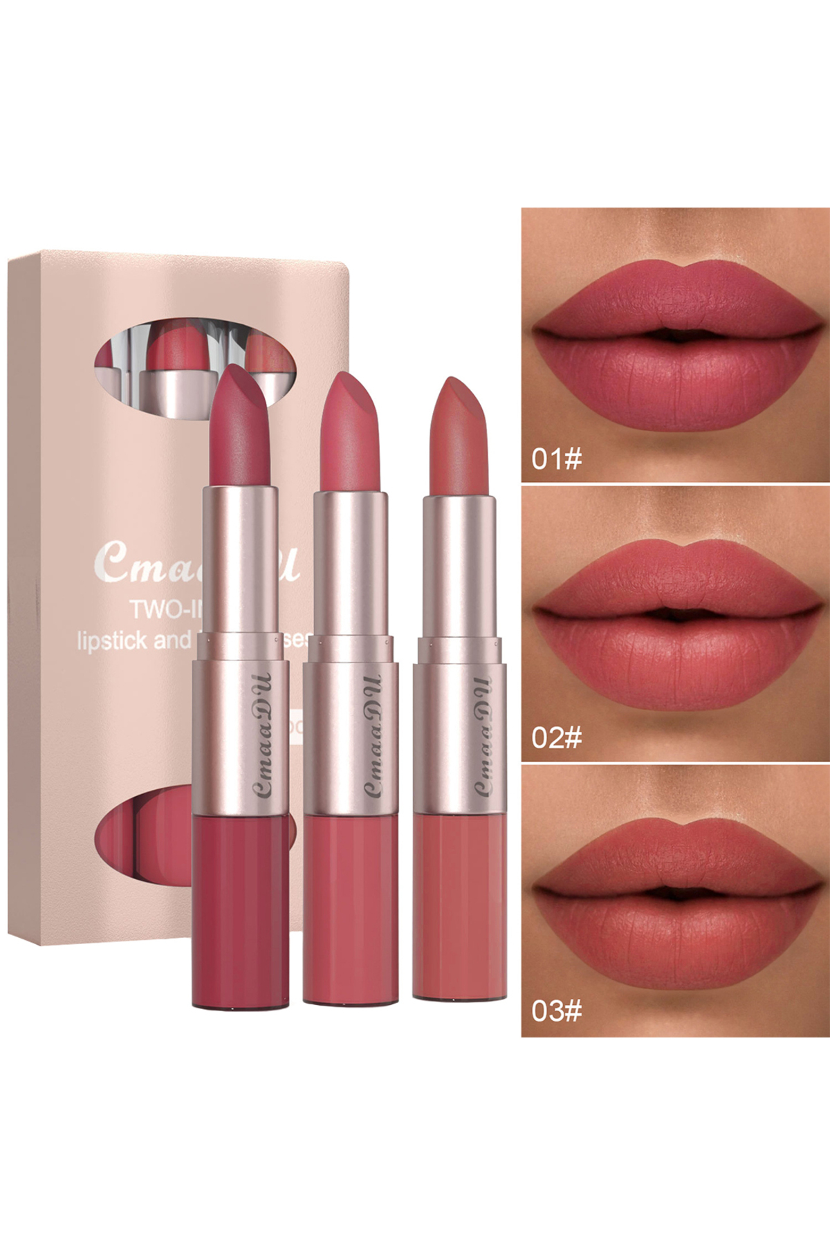 cmaadu مجموعة أحمر شفاه وملمع شفاه 2 في 1 من 3 قطع، مجموعة هدايا أحمر شفاه مخ...