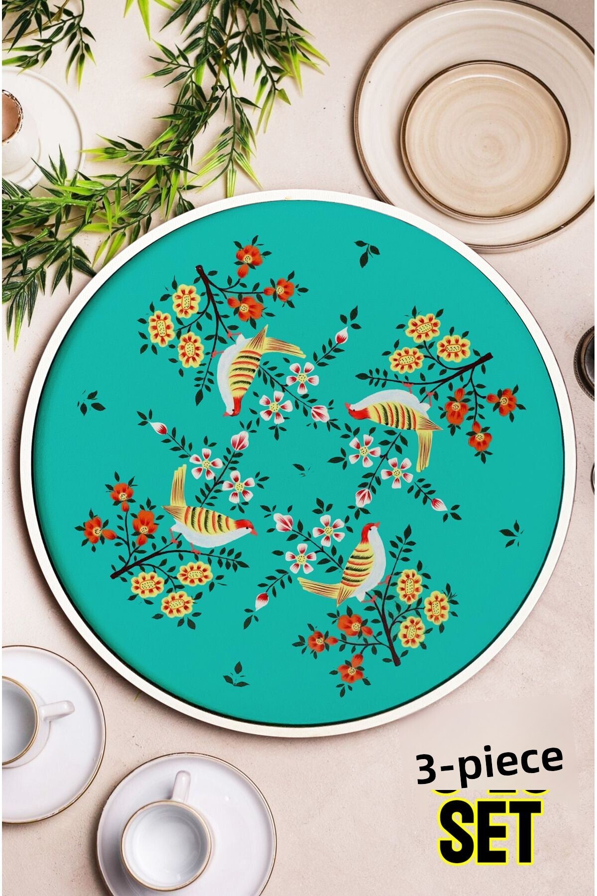 kutuTR-🕊   Bring the Grace of Nature to Your Table – Bird and Flower Patterned 3-Piece Mdf Tray Set (24 cm) M15 1