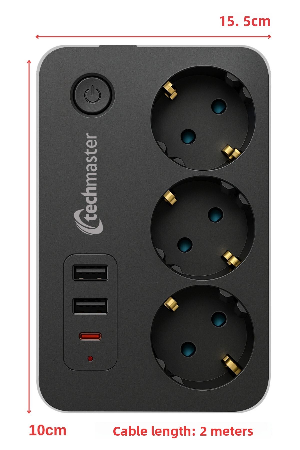 Techmaster-2 USB + Type-C حماية من التيار والحماية للأطفال 3 مقابس مربعة 2mt 5