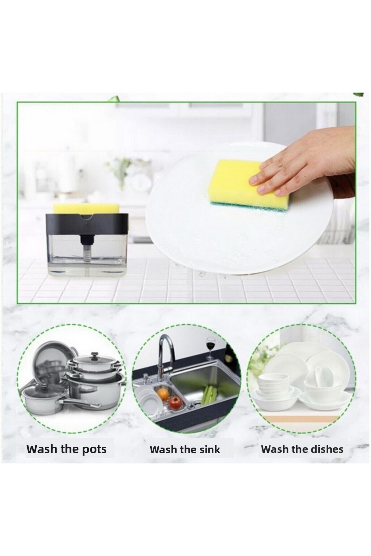 rennway-Practical Liquid Soap Dispenser Pump and Dishwashing Sponge Container with Buffer Two in One Press 4