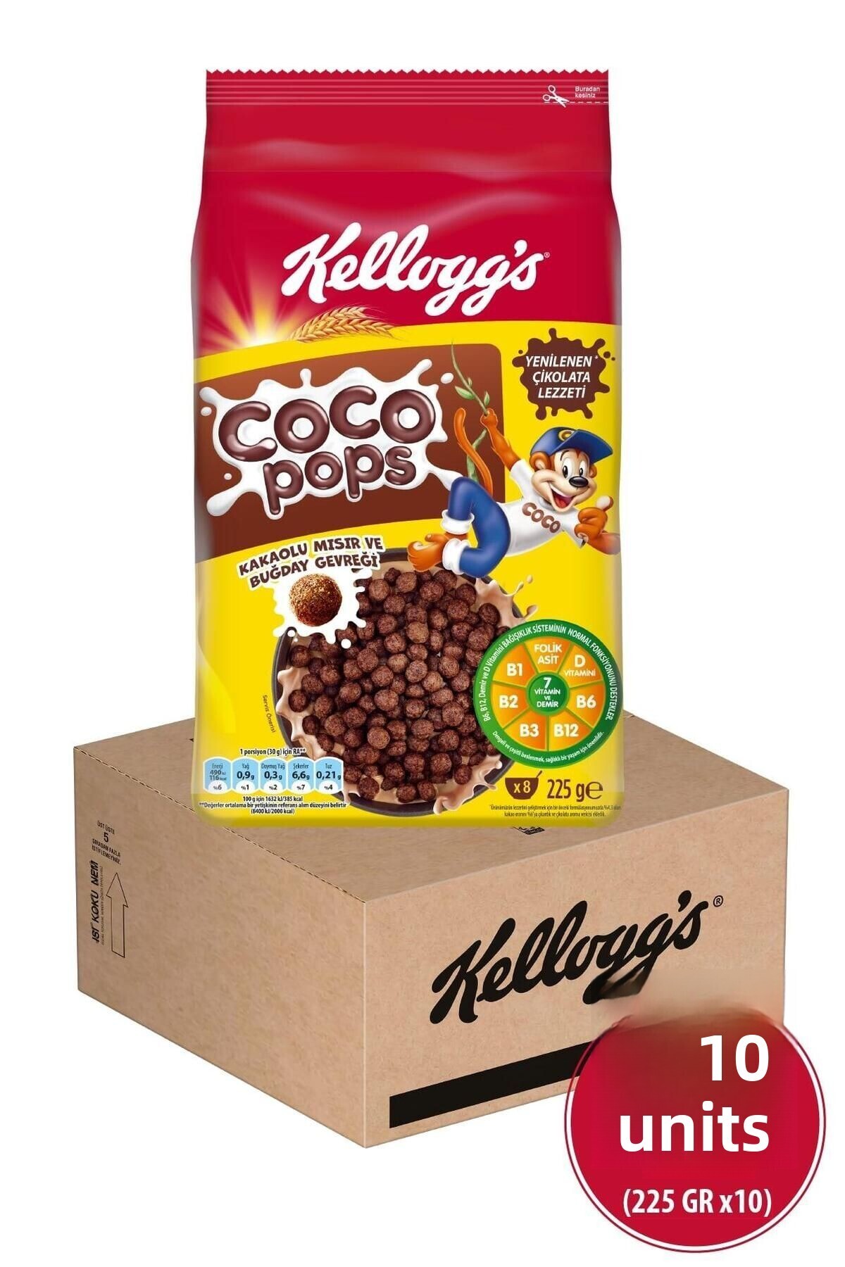 Kellogg's-Coco Pops Balls Cocoa Wheat and Corn Flakes 225 g X 10 Pieces, Contains Fiber, Iron and 7 Vitamins 2