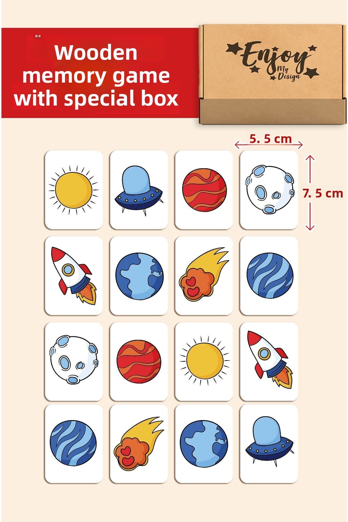 بازی جورکردنی کارت‌های چوبی آموزشی با طرح فضایی و حافظه