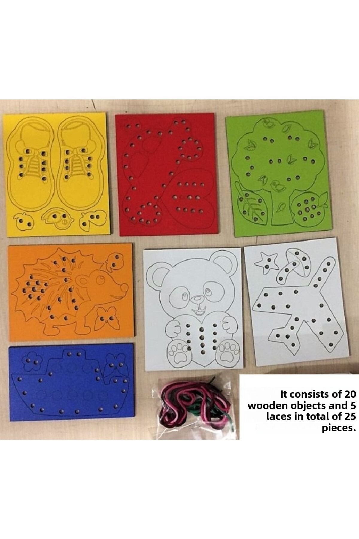 مجموعه چوبی رنگارنگ آموزشی نخ‌دوزی و بافتنی ۲۵ تکه مونته‌سوری، بازی تقویت عضلات دست