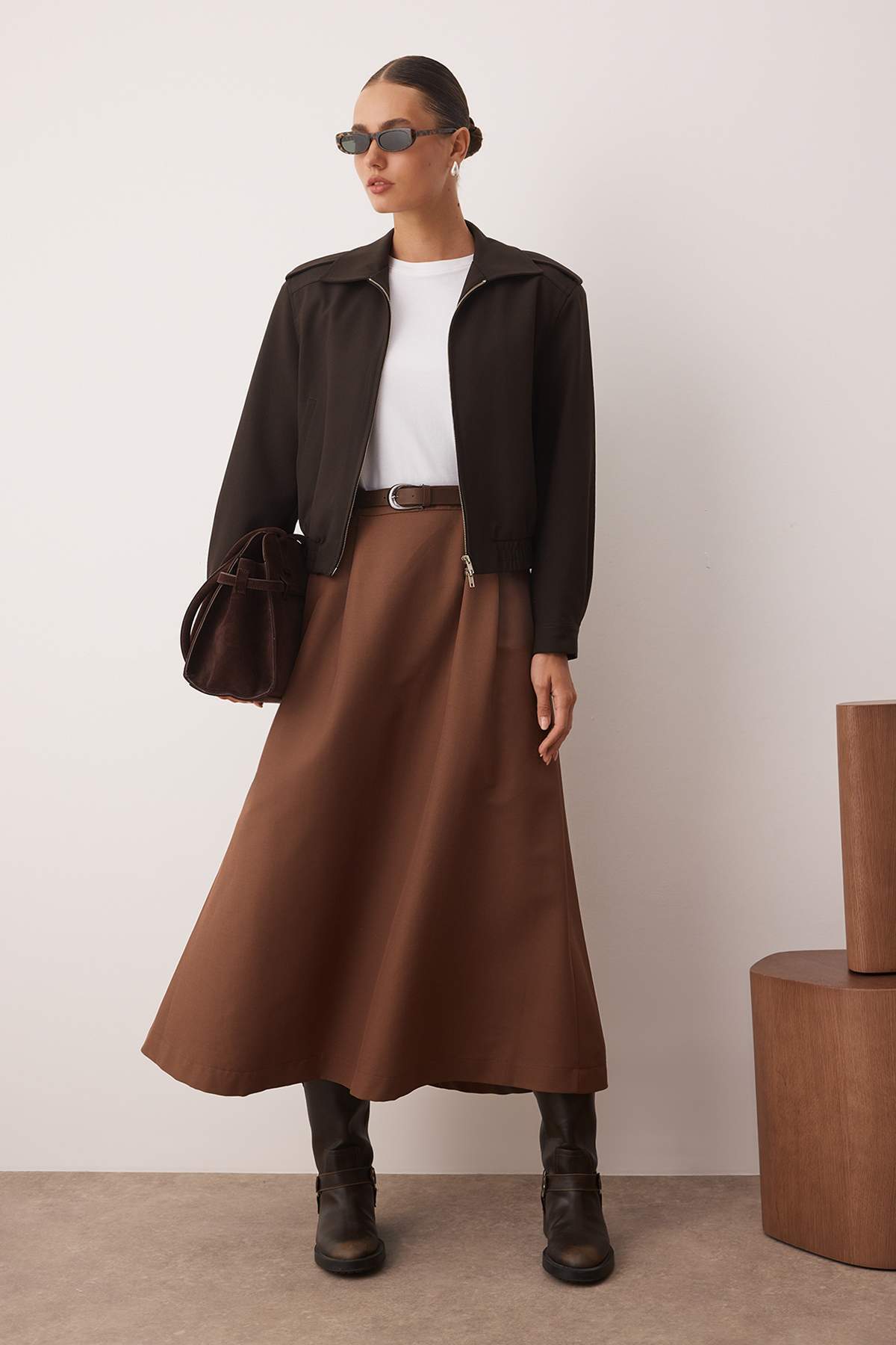 Trendyolmilla  Vizon Astarsız Belde Kemer Detaylı Dokuma Etek TCTAW26EE00004