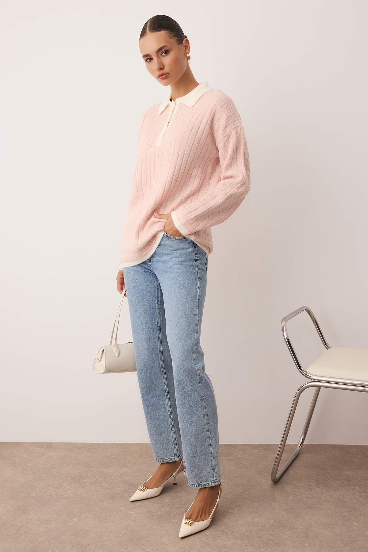 Trendyolmilla Modest Pudra Renk Bloklu Ribana/Kaşkorse Triko Kazak TCTAW26AK00008