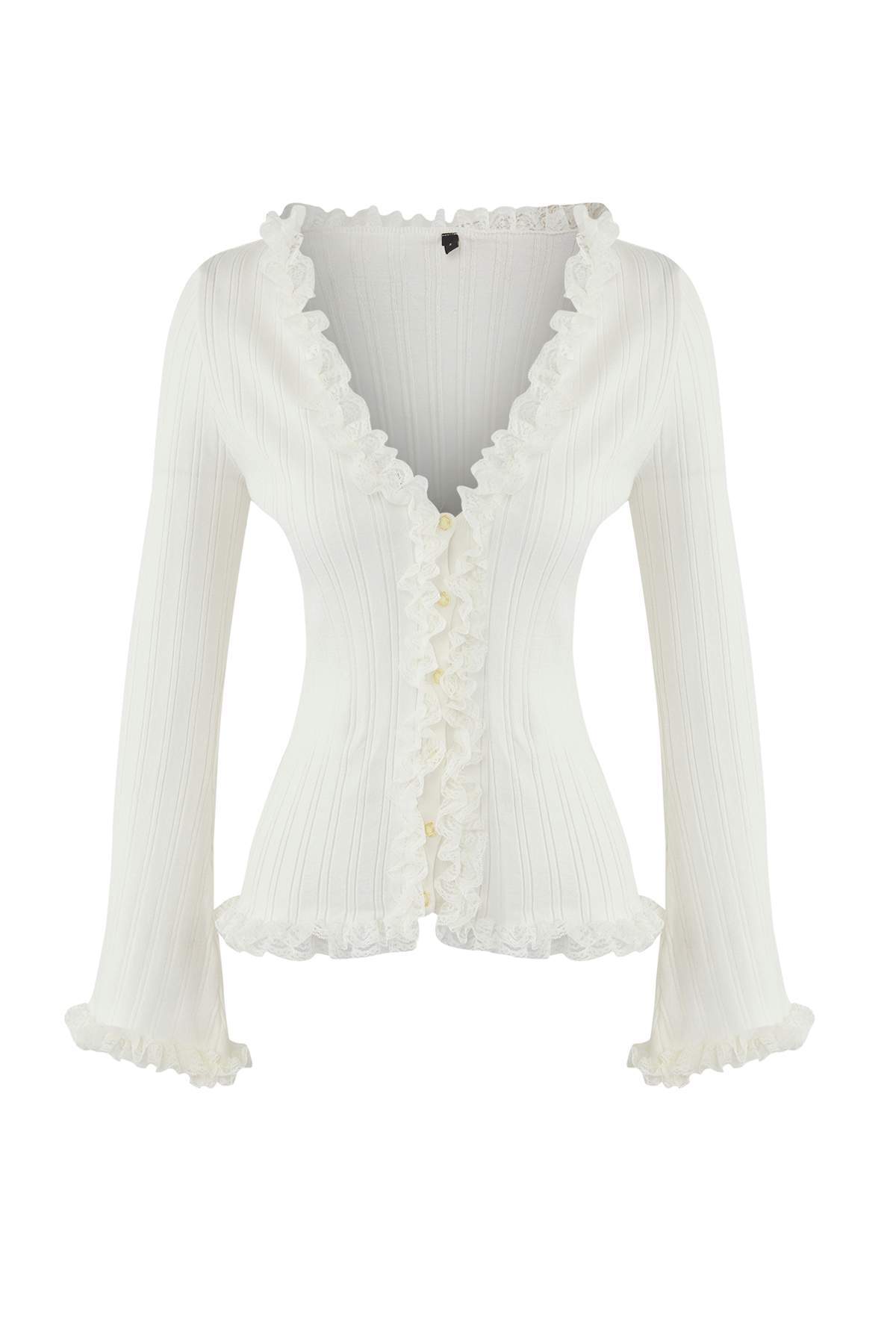 Trendyolmilla  Teen Ekru V Yaka Dantel Garnili Premium/Özel İplikli Fitted/Vücuda Oturan Triko Hırka TWOAW26HI00098 - Görsel 6