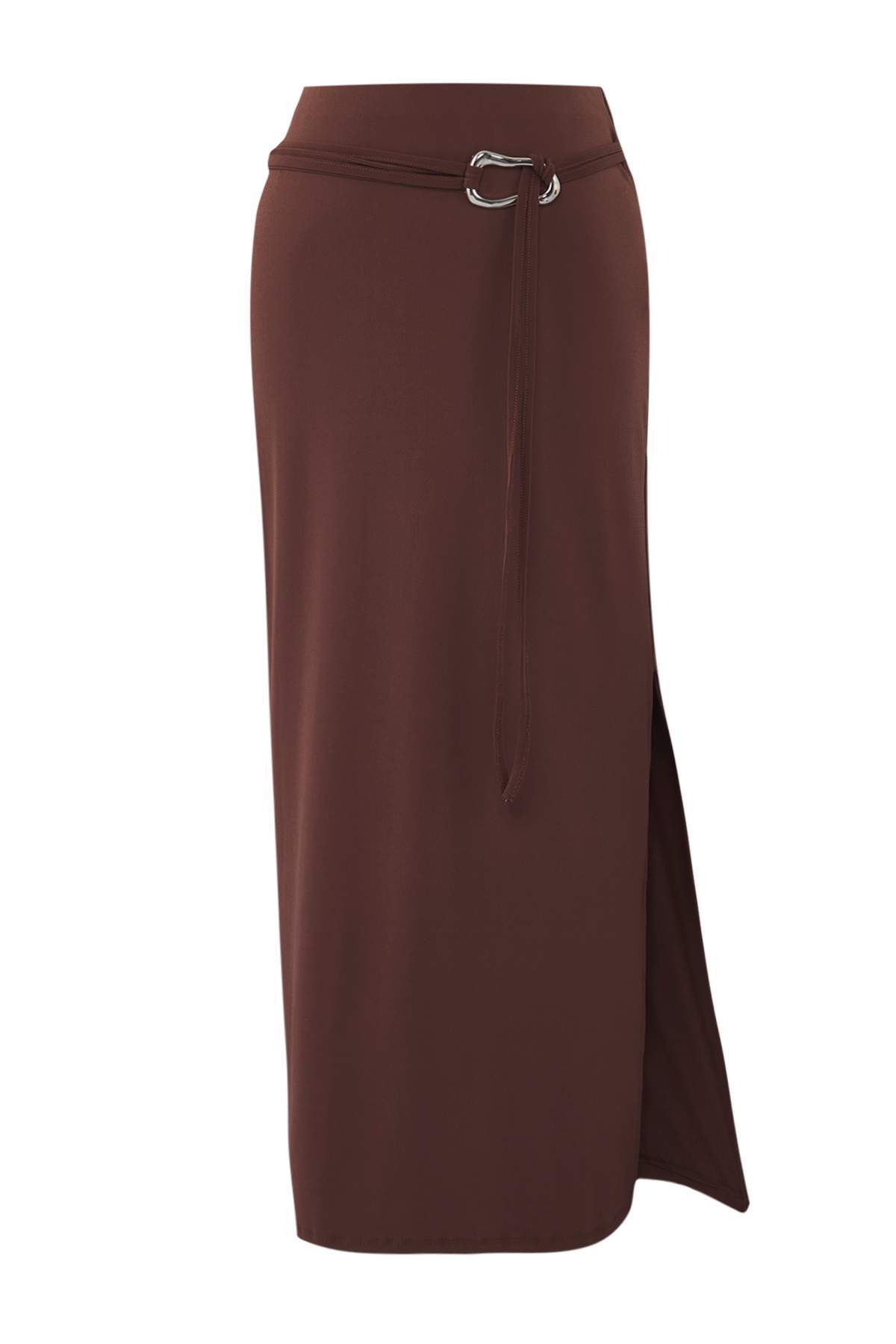 Trendyolmilla  Kahverengi Kemer Detaylı Yırtmaçlı Maxi Örme Etek TWOSS25ET00215 - Görsel 5