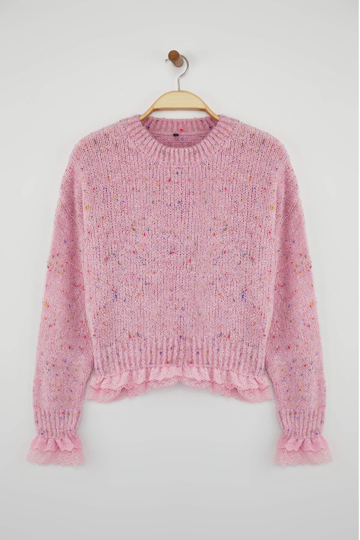 Trendyolmilla  Pembe Nopeli Geniş Kalıp Dantel Garnili Triko Kazak TWOAW26KZ00058 - Görsel 5