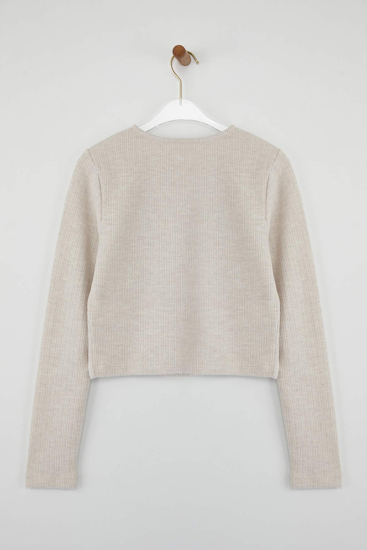 Trendyolmilla  Bej Regular/Normal Kalıp Crop Düğme Detaylı Fırçalı Pointel Esnek Örme Bluz TWOAW26BZ00113 - Görsel 6