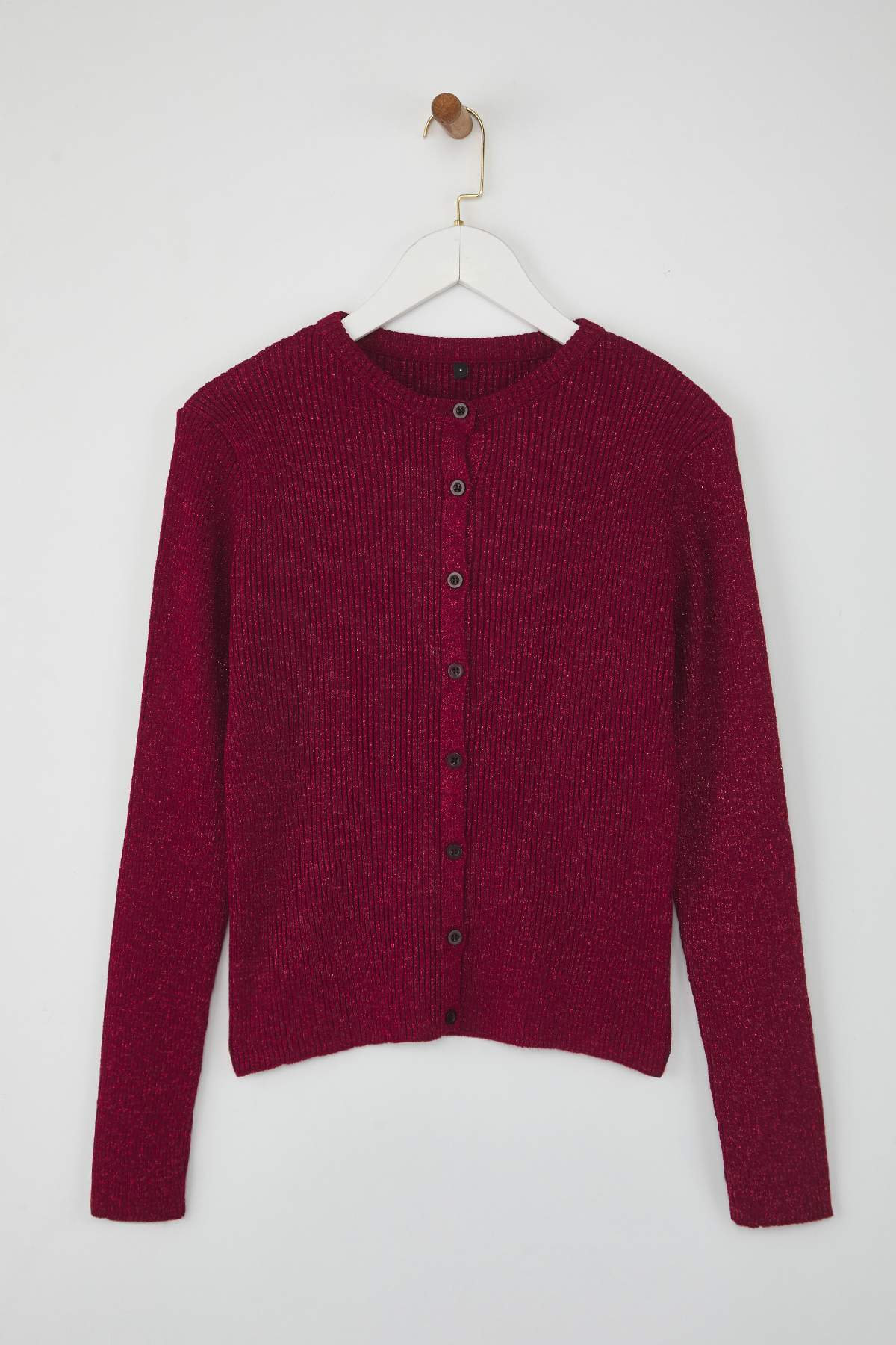 Trendyolmilla  Mürdüm Simli İplikli Fitted/Vücuda Oturan Şık Triko Hırka TWOAW26HI00195 - Görsel 5