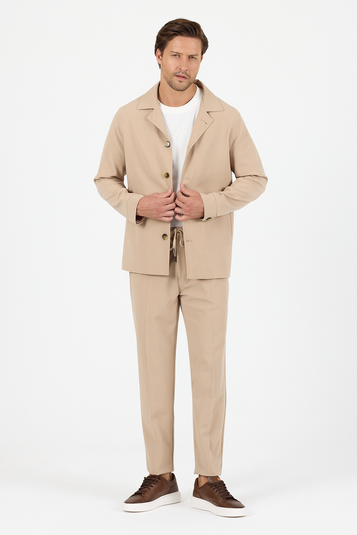 Frappoli-Lucos Men's Beige Lycra Stretch Fabric 2-Piece Overshirt Jacket + Jogger Elastic Pants 6