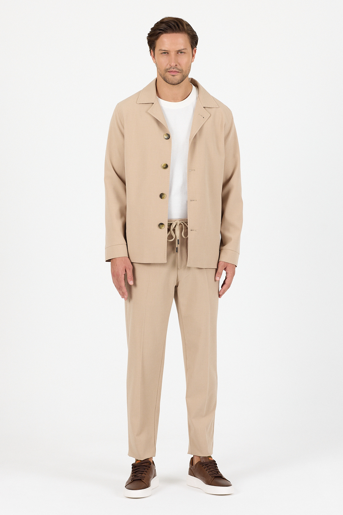 Frappoli-Lucos Men's Beige Lycra Stretch Fabric 2-Piece Overshirt Jacket + Jogger Elastic Pants 4