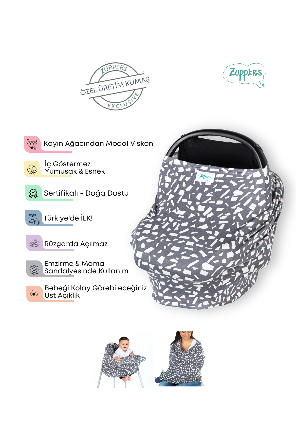 Zuppers Fonksiyonel Puset Ve Emzirme Örtüsü - Geo - Kese Çanta Hediyeli fotoğrafı 3 (önizleme)