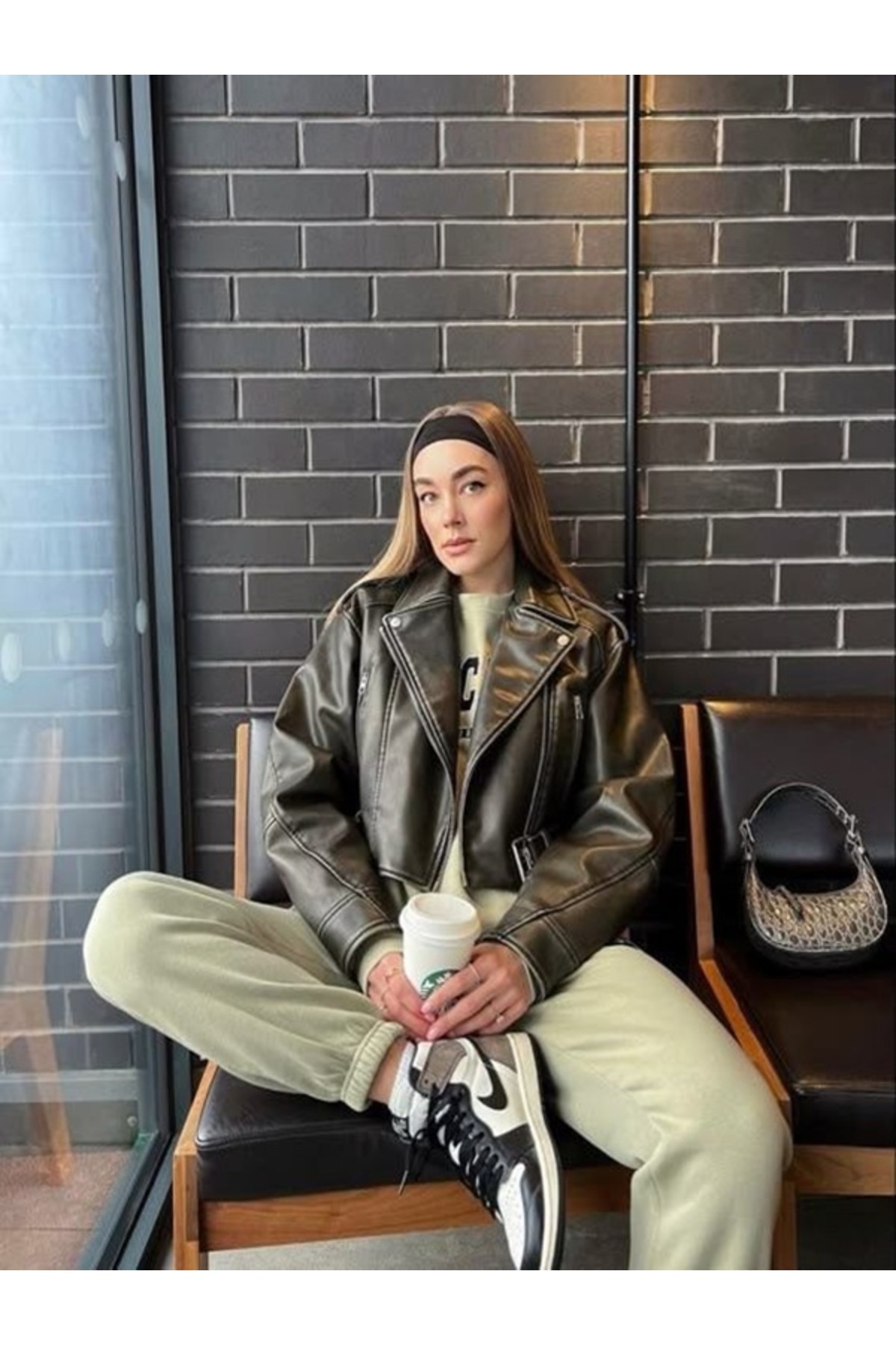 piel island  Yeni Sezon Kemerli Oversize Deri Biker Ceket - Görsel 3