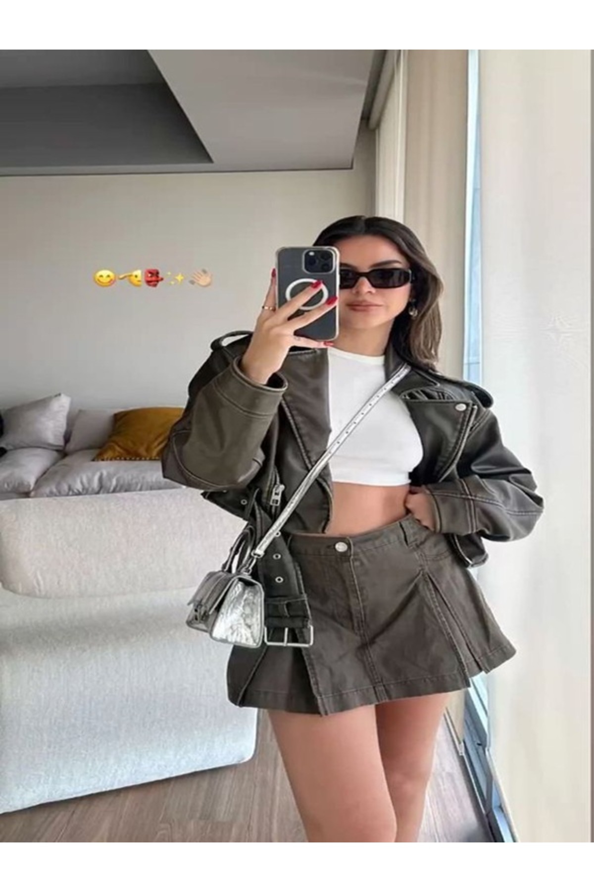 piel island  Yeni Sezon Kemerli Oversize Deri Biker Ceket - Görsel 4