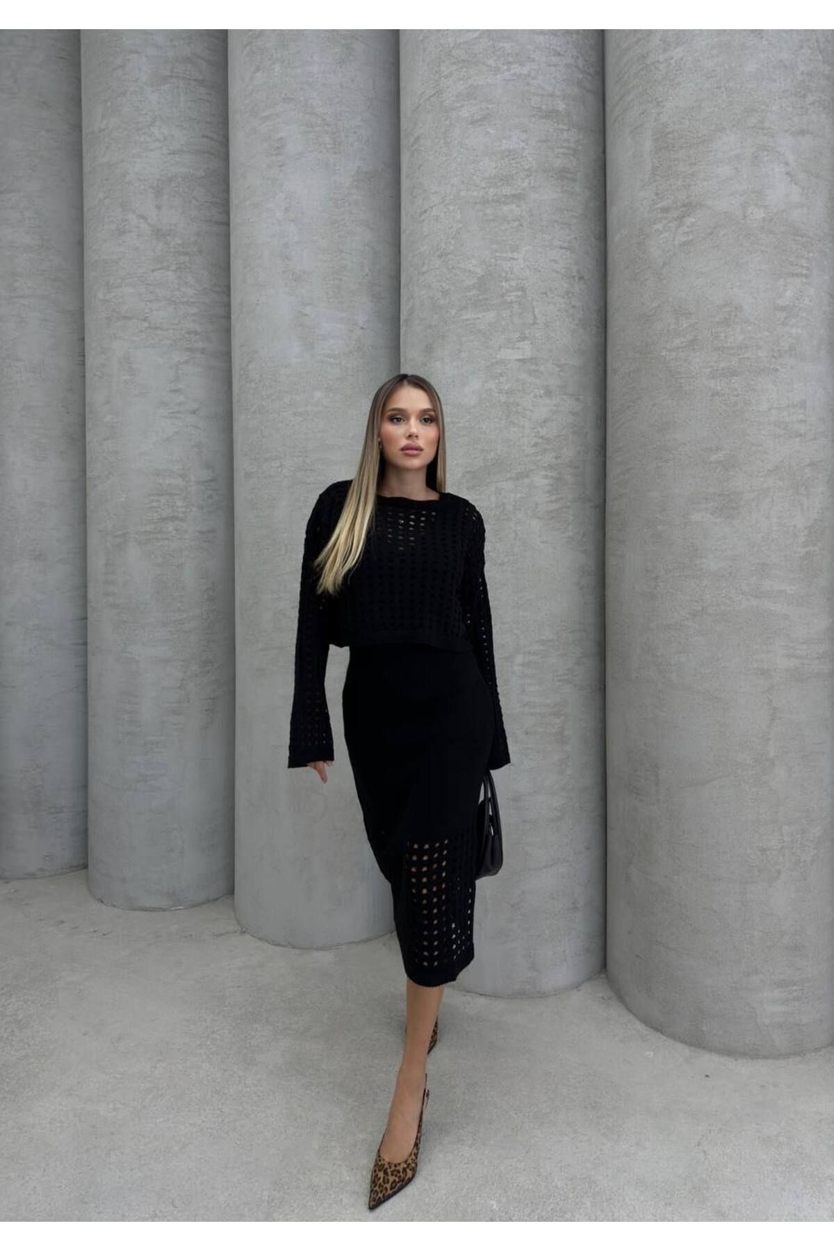 İLKCET MODA-طقم ملابس تريكو مخرمة من الأسفل والأعلى 4
